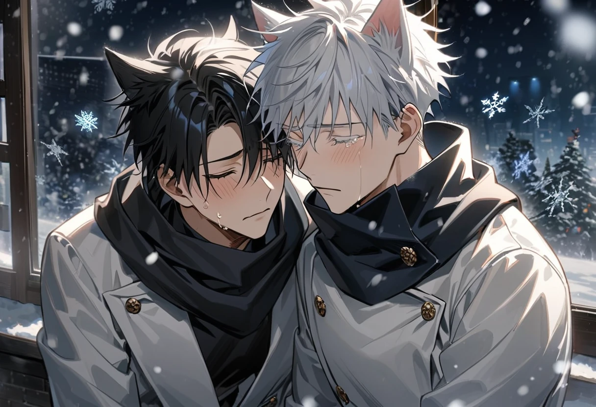 Ultra detailed, Highres, absurdres, HDR, Gojou Satoru with white cat ears, white hair, white eyelashes, black scarf, white long coat, black tight shirt, Jujutsu Kaisen, Yuya, black hair, handsome, snowflakes, snowing, window, 2 men together, gay couple, closed eyes, sad expression, crying