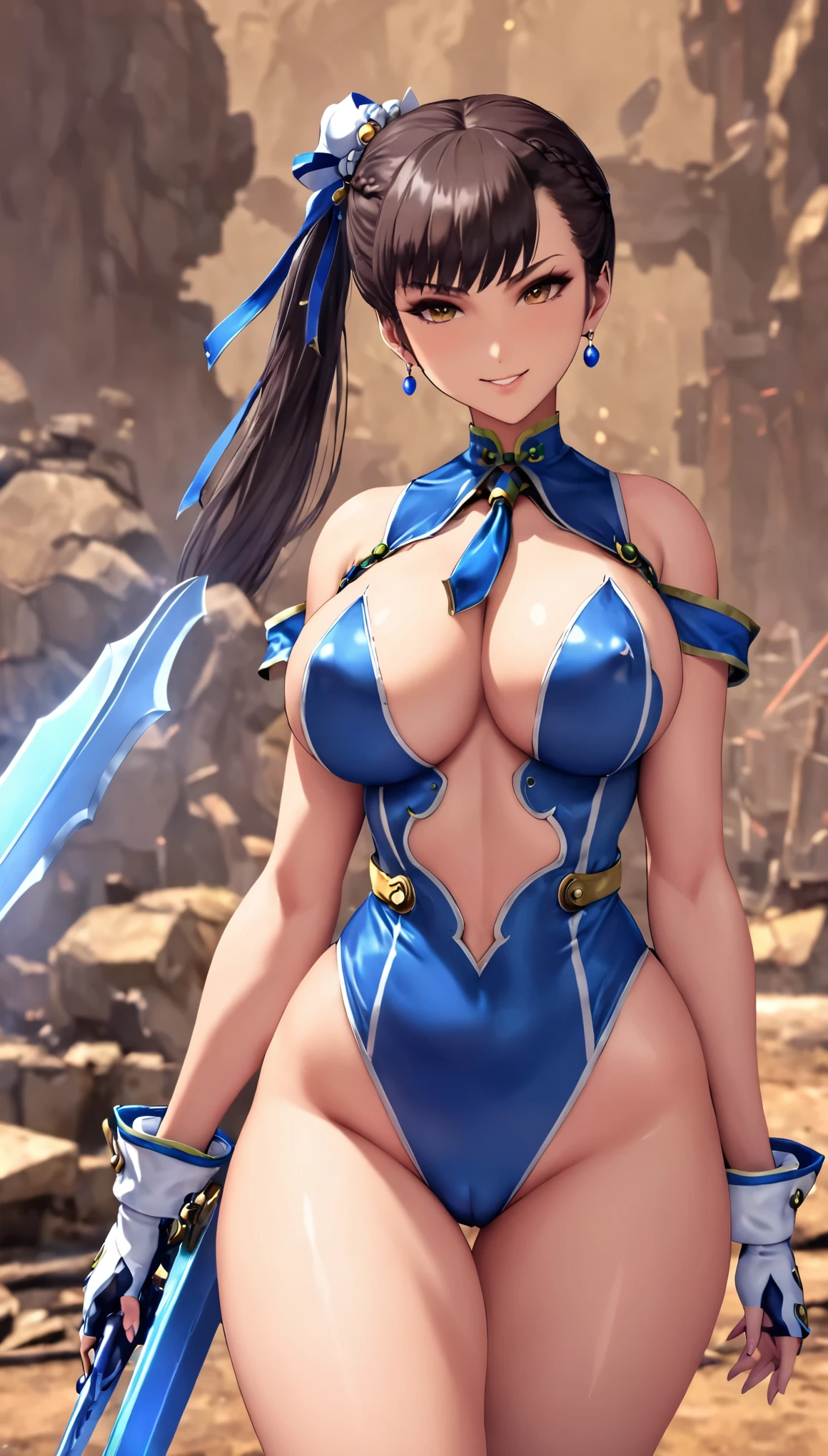 Eve wearing Chun Li's costume, Stellar Blade, large breast, thick thighs, curvy body,1girl,solo,heavy makeup,cute,earrings,ring braid,(lewd smile:1.1),holding mechanical sword,ponytail,idol,hooker, Chun Li's uniform,(battleground:1.1),