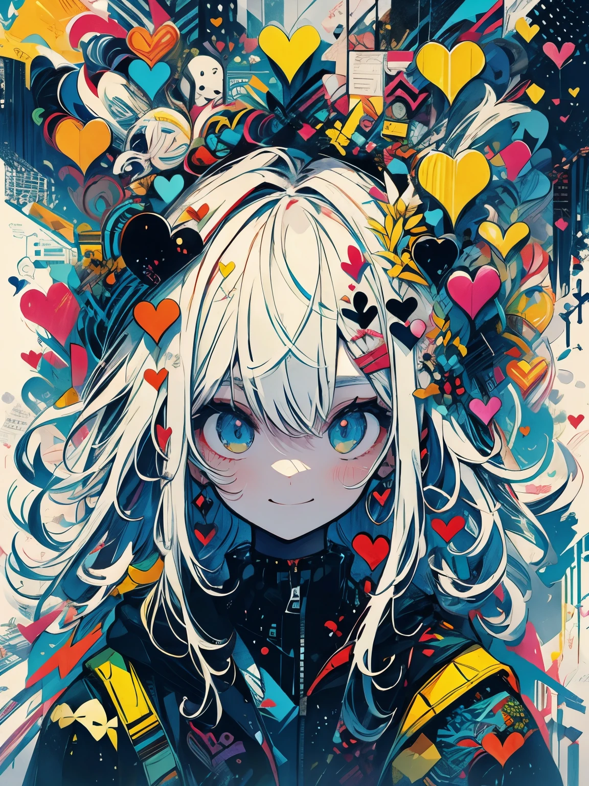 ((((masterpiece)))), best quality, ultra detail, very_high_resolution, large_filesize, full color, 2girl, heart hands, white hair, black hair, facing viewer, happy smile, best quality, very aesthetic, extremely detailed, cinematic composition, gorgeous detail, 