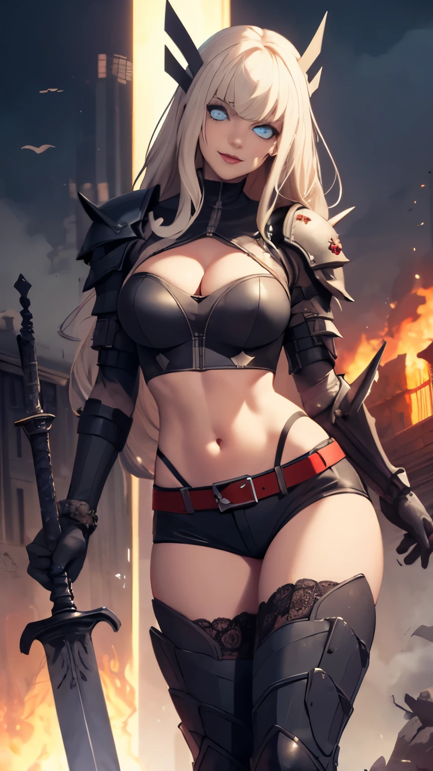 (Highly quality, masterpiece, detailed), undead city detailed scenario, undead city detailed background, 1girl, Magik, midriff, thigh highs, gloves, short shorts, cleavage, soul sword, evil smile, armored left arm, glowing blue eyes, navel, perfect face, beautiful eyes, looking at the viewer, Sexy pose