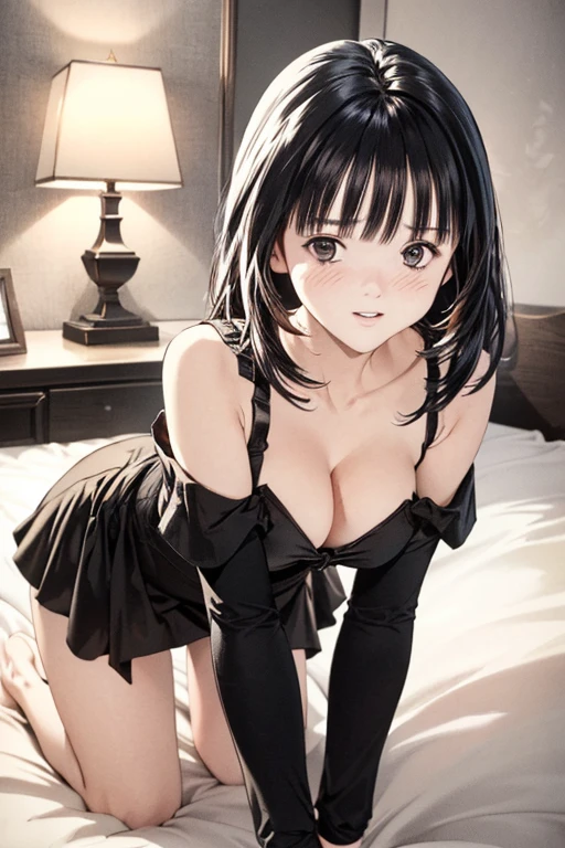 (8K、top-quality、​masterpiece:1.2)、(realisitic、ultra-detailliert、超A high resolution、1 girl and 1boy are kissing,beautifull detailed face,(all fours on bed),at night ,layered hair,long black hair,full-face blush、Constriction、(Slim waist) :1.3)、cleavage、Beautiful detailed skin、Skin Texture、Floating hair、Professional Lighting、in my bedroom,(Whole human body:1.0),long shot,Hourglass line dress,off shoulder,winking,dress's color is random