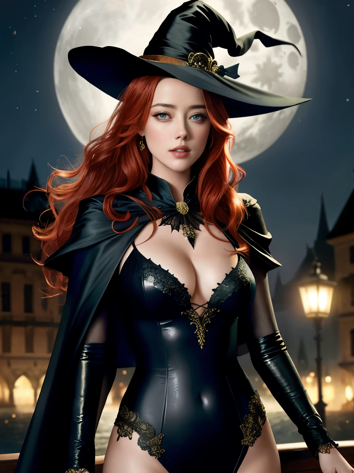 Amber Heard, She breast size is M cup, full body, she very sexy, she have perfect body, she so beautifully,She have good eyes,She is full of charm, her poses are beautiful, close up,witch costume, classical witch ,sexy, Very sexy, Ulta sexy ,red hair,School of Magic,fantasy world,moonlight,at night,beauty,Fascinating,charming,Alluring