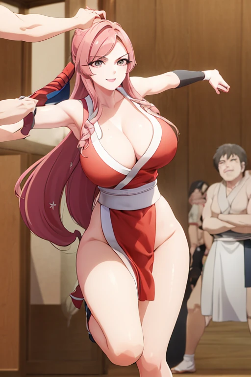 masterpiece, best quality, beautiful art, high resolution, well formed hands, body and fingers, 1 woman, solo, Hahari Hanazono, adult, hair ornament, big breasted, cleavage, full body, long hair, hair ornament gorgeous legs and thighs, cosplaying as Mai Shiranui , she is fighting in a combat match at a martial arts tournament, she is getting ready to fight, making her guard pose, action and fighting scene, about to hit the viewer, looking at the viewer, sweating , feeling confident and proud, smiling joyfully and happily, charming her opponent with her beauty, bouncing breasts, fighting scene, martial arts tournament on the beach 