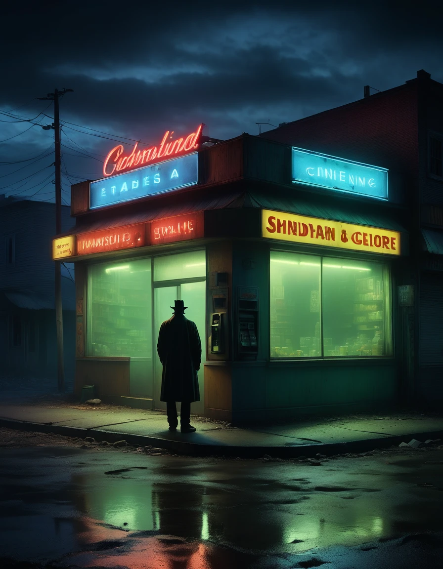 (a midnight convenience store),(A drunkard in front of a convenience store), (pitch-black sky), (desolate landscape), (loneliness), (desolation), (horror), (eerie), (mysterious), (dark), (best quality,4k,8k,highres,masterpiece:1.2), (ultra-detailed), (realistic,photorealistic,photo-realistic:1.37), HDR, UHD, (studio lighting), (vivid colors), (concept artists), (sinister shadows), (flickering fluorescent lights), (abandoned atmosphere), (creepy silence), (haunting presence), (smoky air), (mysterious silhouette), (uneasy feeling), (isolated building), (empty shelves), (tattered curtains), (moonlight casting eerie glow), (ominous fog), (glowing neon sign), (forgotten objects), (old-fashioned cash register), (broken windows), (strange noises echoing), (hidden secrets), (muted tones), (surreal ambiance), (distant footsteps), (air of mystery), (uncanny stillness).