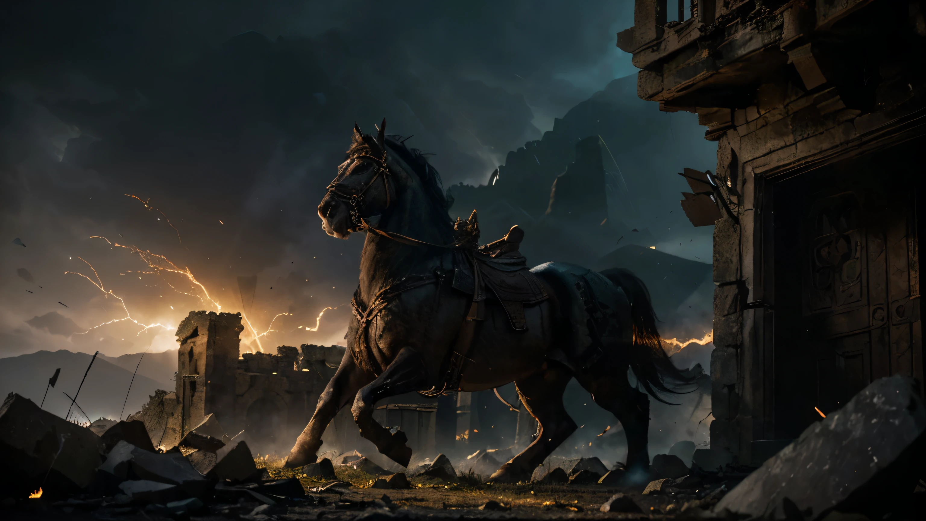 (fierce, warrior, crumbling stone tower, glowing sword, dragon circling, overhead, intense, dramatic, epic, fantasy, surreal, ancient, ruins, majestic, powerful, mythical, mystical, heroic, brave, fearless, battle, conquer, conqueror, conqueror:1.1, battle-hardened, skilled, warrior's pose, determined, focused, legend, legendary, heroic, dark, atmospheric, intense light, heavy shadows, dynamic composition, dynamic lighting, intense colors, ancient architecture, crumbling stones, weathered, worn, battle-worn, textures, sparks, glowing eyes, intense gaze, action, fantasy world)