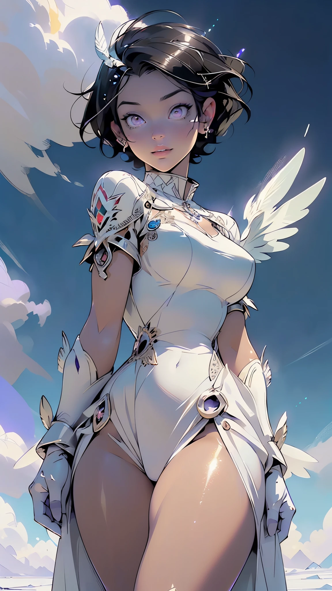 girl,1girl,18 years old
(large breasts:1.4),((((black hair, short hair))),((purple_eyes:1.5)),glowing eyes,intricate eyes,beautiful detailed eyes,symmetrical eyes,((fat)),(((lustrous skin:1.5,bright skin: 1.5,skin tanned,shiny skin,very shiny skin,shiny body,plastic glitter skin,exaggerated shiny skin,illuminated skin))),(spider lower abdomen,narrow waist,wide hip,athletic body,inflated legs,thick thighs,detailed body,(detailed face)),(angel wings,feathered wings,),(((Holy GUARDIAN ANGEL,white and large wings,feathers, has feather wings))),
cute,slutty,seductive,erotic,(nsfw),
slender waist,jewel in the sparkle galaxy, angel, large open wings made of ice, seductive young woman, beautiful, gorgeous, fractal, frozen, icy, frost, freezing air, snowflake flow, snow floor, crystalline atmosphere, ice elemental, fantasy, mesmerizing glittering intricate dress.
(dynamic pose:1.0),happy,(centered,scale to fit dimensions,Rule of thirds),
((floating in the clouds, sky and clouds background)),scenery:1.25,((intricate scenery)),
(Glossy ice ornaments),highres,sharp focus,(ultra detailed,extremely detailed),(photorealistic artwork:1.37),(extremely detailed CG unity 8k wallpaper),(((vibrant colors,vibrant theme))),(intricate),(masterpiece),(best quality),artistic photography,(photography taken by sldr),(intricate background),perfect rendered face,perfect face details,realistic face,photo realistic,((intricate detail)),(((realism))),
