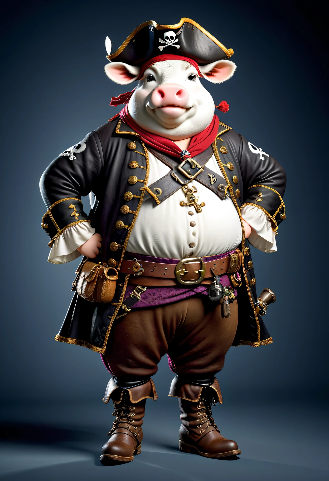 photorealistic portrait of Dressed animals - a ((fat)) cow pirate,(hands on hips:1.2),(), high quality,(lovely) ,intricate details, highly detailed (( pirate costume)), wearing pirate hat and boots , highly detailed pirate equipment , (happy), studio lighting,(flurry),(simple background)