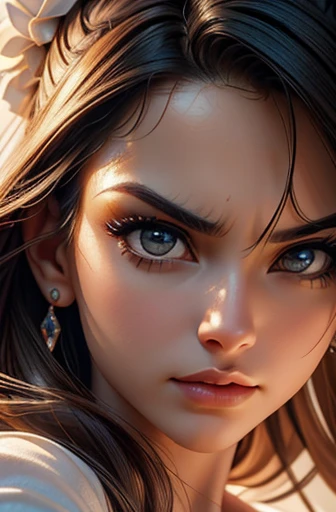 ((obra de arte)), ((Melhor qualidade)), ((hiper-detalhado)), (full medium shot:1.7), (aerial shooting:1.0), (front lighting:1.0), (Macro view:1.4) , (Arte CGI), (angry expression:1.2), a imagem de uma jovem de 27 anos. Onde a imagem deve estar em close, captured at a specific oblique angle. hidden facelift Eyebrows are well shaped and lips are thin, Com luz, expressive and mid tones. Just delicate lips, Ligeiramente revirado, com narizes discretos. so beautiful and pleasant, como um brilho brilhante em seus dentes. Sua pele fica clara e luminosa, as it is flawless and naturally radiant. She expresses herself in her own light, furioso e confiante, conveying a feeling of fury and perseverance, como uma voz convencida e envolvente. Certifique-se de que a imagem capturada tenha toda a sua beleza e personalidade motivadora, with accurate and realistic details with your vision and facial expression
