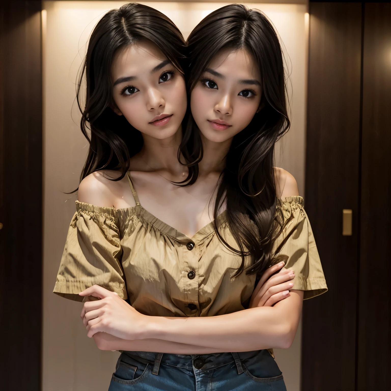 1girl, looking at the camera, 25 years old, model, long messy hair, dark-skinned, two headed japanese woman, button up top, sleveless, tan shorts, upper body, hotel lobby, nighttime, cinematic lighting, bloom lighting, field of view, bokkeh, dynamic pose, arms crossed, conjoined_dicephalus, (two heads:1.3),