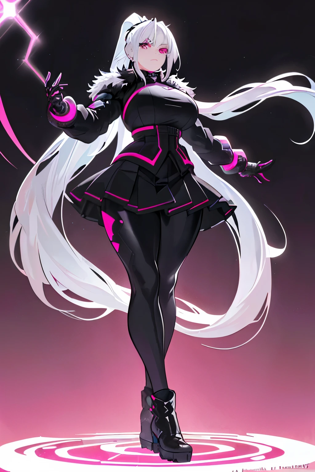 (art, best quality, ultra-detailed, high contrast)
1 woman (Alone, full body, plus size body, standing on the edge of a towering skyscraper, silver hair flowing freely in a long ponytail, broken ruby red eyes filled with sadness,
Attired in leggings that hugged her curves, a pleated skirt that swirled around her legs, a sports top that accentuated her muscular build, high boots that reached her thighs, and a long fur jacket that added a touch of warmth,
Her body was adorned with black cybernetics, their neon pink lights glowing against the night sky,
Her face bore intricate details