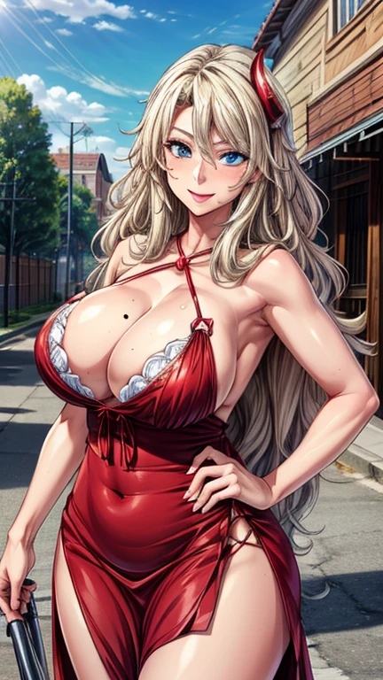 (masterpiece, best quality, ultra detailed, absurdres, cowboy shot)1.5, 1girl, (sexy, beautiful woman, perfect face, perfect eyes, perfect female body)1.5, (ElizaPerlman, single horn hair ornament, long hair, wavy hair, blonde hair, blue eyes, mole under mouth, extremely detailed clothes, smile, yellow sundress, outdoors, day, summer,