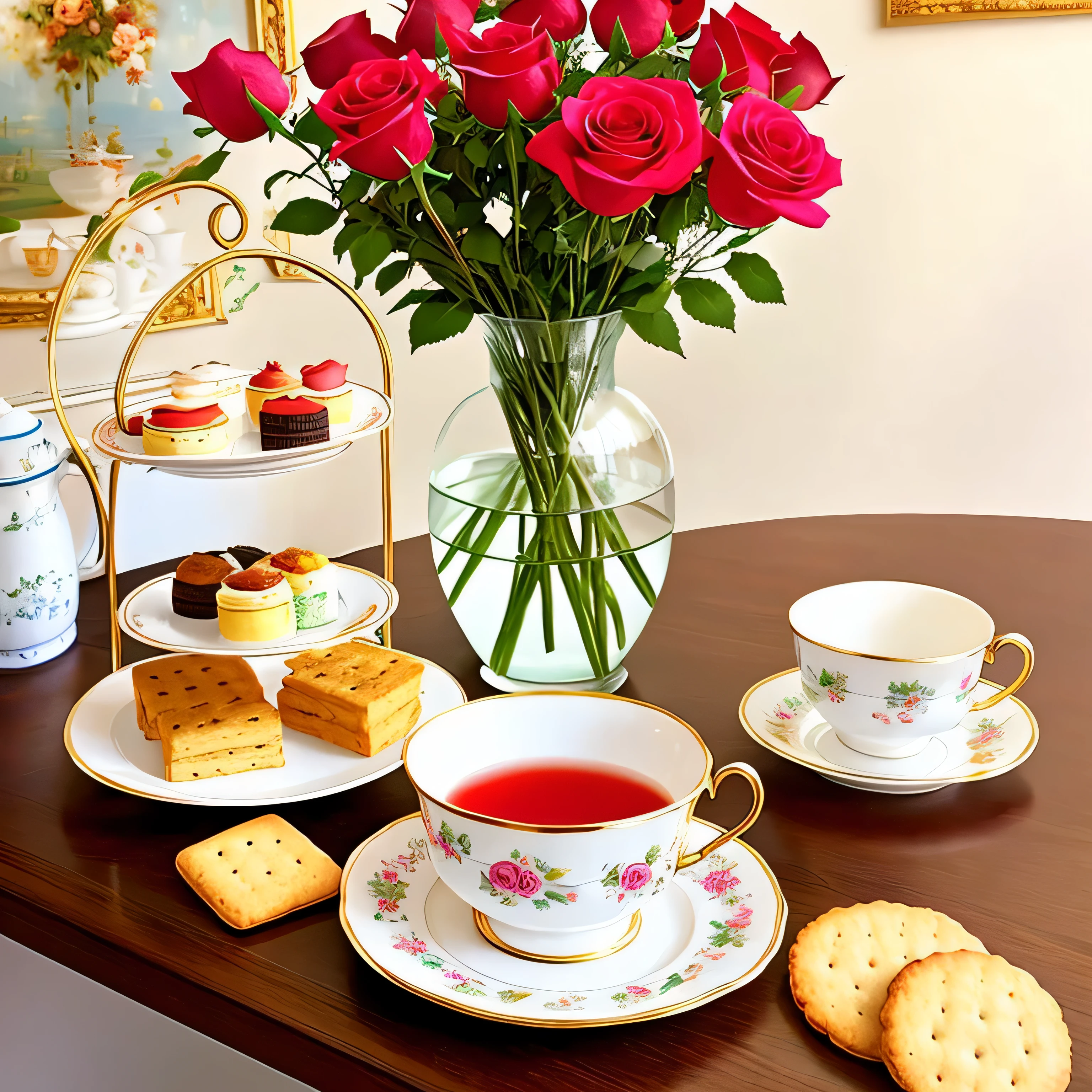 There is a vase on the top left of the table., There are some roses inside, Biscuits and snacks, European Afternoon Tea, Beautiful and exquisite painting