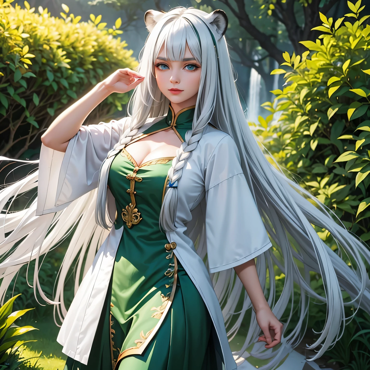 attractive woman 27 years old with white tiger ears white hair with tiger stripes, pale skin. sonrisa disfraz guerrera china escotado color verde con detalles. parada en medio de un castillo chino pechos grandes. pechos grandes. disfraz guerrera china escotado color verde .