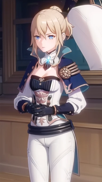 jeangunnhildr, jean, blonde hair, blue eyes, hair between eyes, medium hair, ponytail,
BREAK black gloves, blue capelet, capelet, cleavage, corset, detached sleeves, gloves, pants, strapless, (white pants:1.5),
BREAK indoors, castle,
BREAK looking at viewer, (cowboy shot:1.5),
BREAK (masterpiece:1.2), best quality, high resolution, unity 8k wallpaper, (illustration:0.8), (beautiful detailed eyes:1.6), extremely detailed face, perfect lighting, extremely detailed CG, (perfect hands, perfect anatomy),