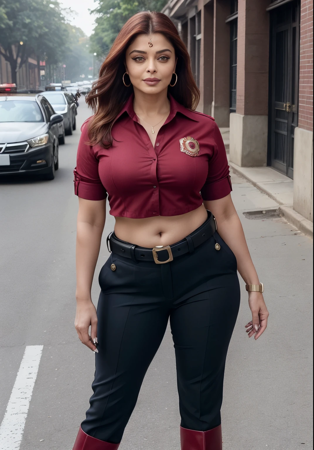 50yo mature MILF Aishwarya Rai as police officer, red cotton police uniform, unbuttoned shirt, ((ankle boots)), ponytail hair, mature athletic curvaceous milf body, ((catwalk in daylight in street)), hourglass milf figure, medium breasts, (((seductive expression))) on her face, look straight at camera and ((wink)), soft volumetric lights, intricate details, (ArtStation:1.2)