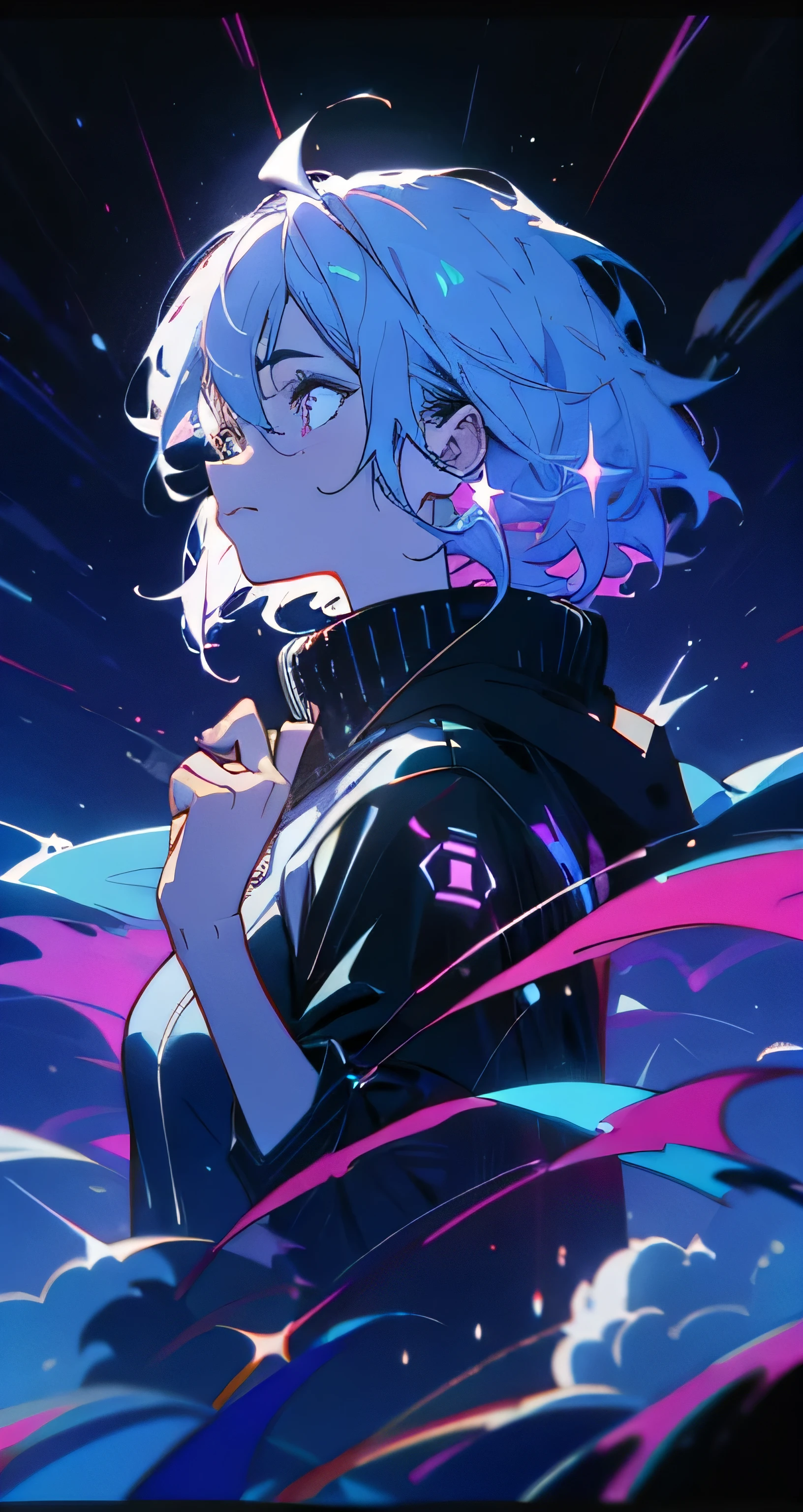 (black and white portrait:1.2),(ultra-detailed,realistic),(man),(white hair),(purple glowing eyes),(midnight sky),(clouds),(stars),(cyberpunk hoodie)