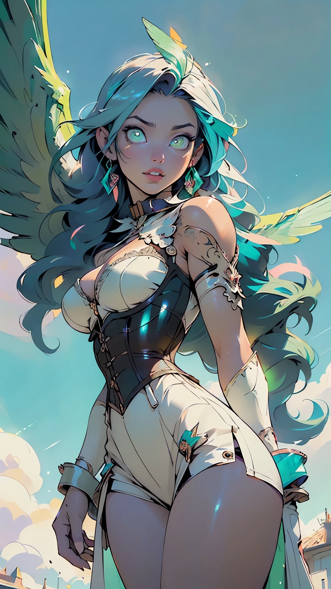 girl,1girl,((17 years old)),((fairy girl)),
(large breasts:1.4),((((neon hair:1.3,long hair,colorful hair:1.3,dynamic hair))),((emerald_eyes:1.5)),glowing eyes,intricate eyes,beautiful detailed eyes,symmetrical eyes,((fat)),(((lustrous skin:1.5,bright skin: 1.5,skin tanned,shiny skin,very shiny skin,shiny body,plastic glitter skin,exaggerated shiny skin,illuminated skin))),(spider lower abdomen,narrow waist,wide hip,athletic body,inflated legs,thick thighs,detailed body,(detailed face)),(angel wings,feathered wings,),(((Holy GUARDIAN ANGEL, large wings,feathers, has feather wings))),(((long decorative purple tribal wings,colorful wings, glowing feathers))),
cute,slutty,seductive,erotic,(nsfw),
((captivating)),((elegant and intense desire, slave collar, highly decorative corset, cleavage, slit skirt)), (((calligraphy art))),
(dynamic pose:1.0),happy,(centered,scale to fit dimensions,Rule of thirds),
((floating in the clouds, sky and clouds background)),scenery:1.25,((intricate scenery)),
(Glossy cyberpunk ornaments),highres,sharp focus,(ultra detailed,extremely detailed),(photorealistic artwork:1.37),(extremely detailed CG unity 8k wallpaper),(((vibrant colors,vibrant theme))),(intricate),(masterpiece),(best quality),artistic photography,(photography taken by sldr),(intricate background),perfect rendered face,perfect face details,realistic face,photo realistic,((intricate detail)),(((realism))),