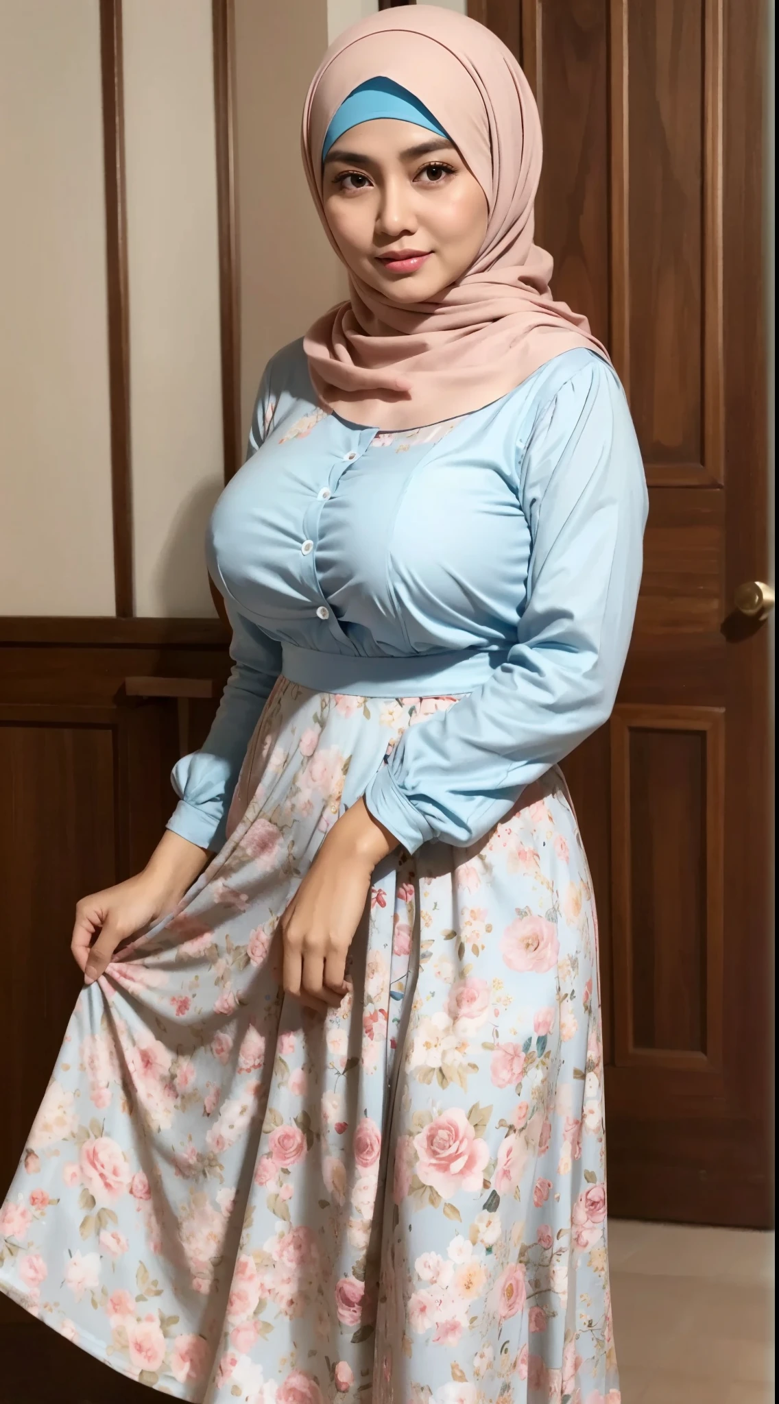 50 years Old, Hijab Indonesian mature woman, Big Tits : 66.9, Gamis, Breast out from her clothes : 1.9, at doctor office, Dark light, at Nighttime