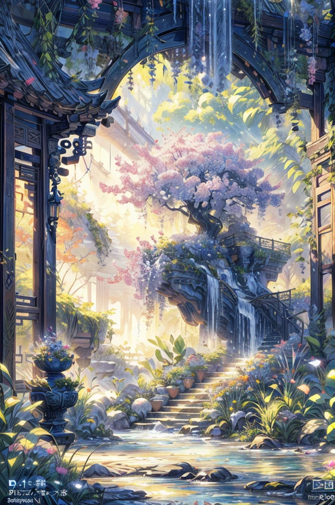 Garden painting with waterfalls and bridges, floral environment, Anime landscape concept art, Anime Background Art, magical environment, arte de fundo, landscape artwork, fantasy magical vegetation, fantasy painterly style, whimsical fantasy landscape art, Flower greenhouse, beautiful setting, dreamy and detailed, highly-detailed digital painting, art nouveau jungle environment, the grand temple of flowers,Chinese style elements,Osmanthus tree,