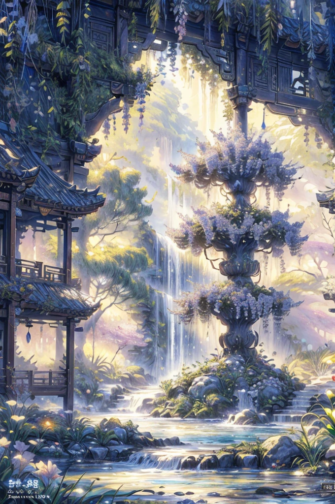 Garden painting with waterfalls and bridges, floral environment, Anime landscape concept art, Anime Background Art, magical environment, arte de fundo, landscape artwork, fantasy magical vegetation, fantasy painterly style, whimsical fantasy landscape art, Flower greenhouse, beautiful setting, dreamy and detailed, highly-detailed digital painting, art nouveau jungle environment, the grand temple of flowers,Chinese style elements,Osmanthus tree,