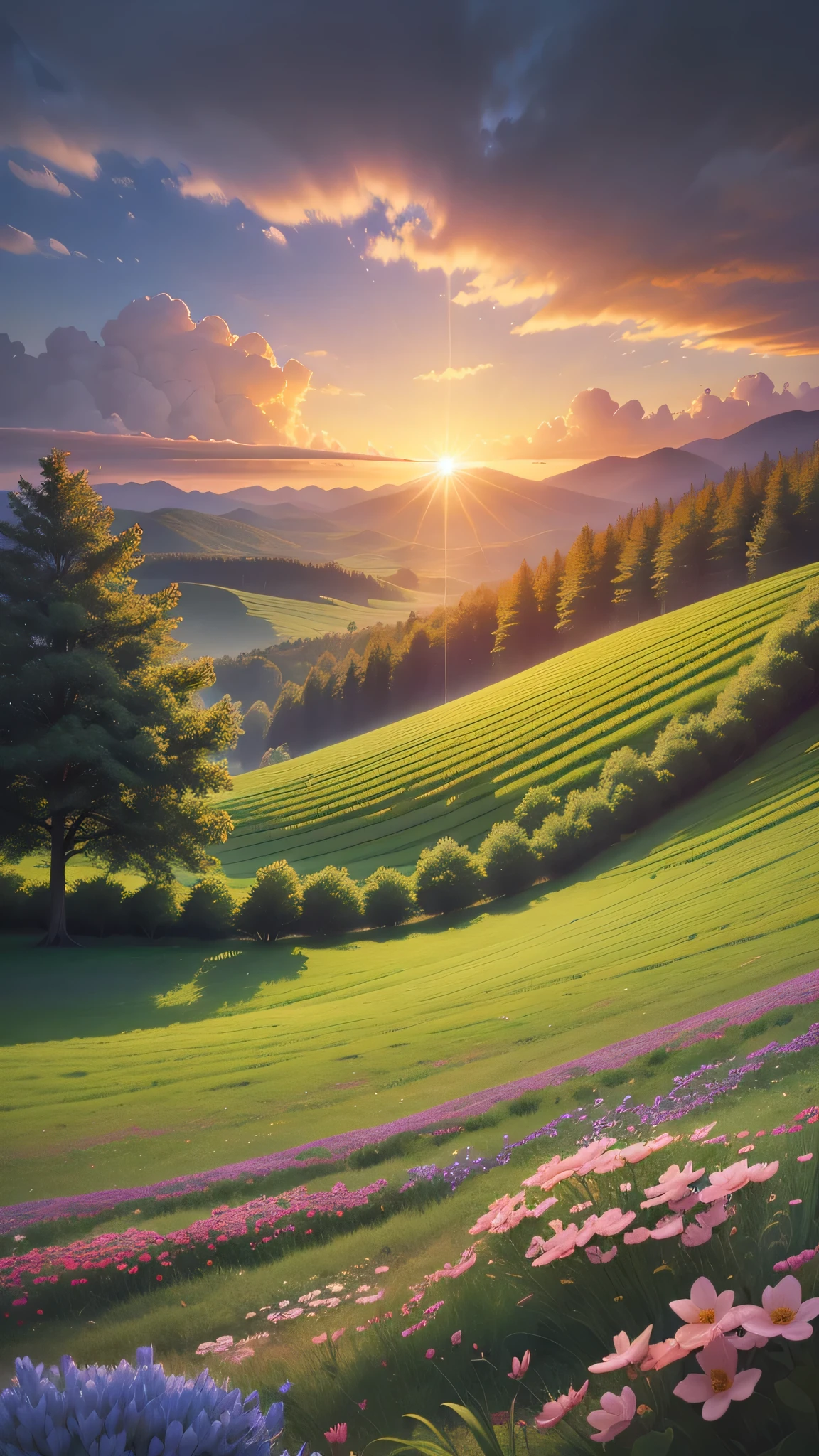 With huge flowers，Flower fields hilly，big tree，Dramatic sunrise light，Colorful clouds，Digital painting