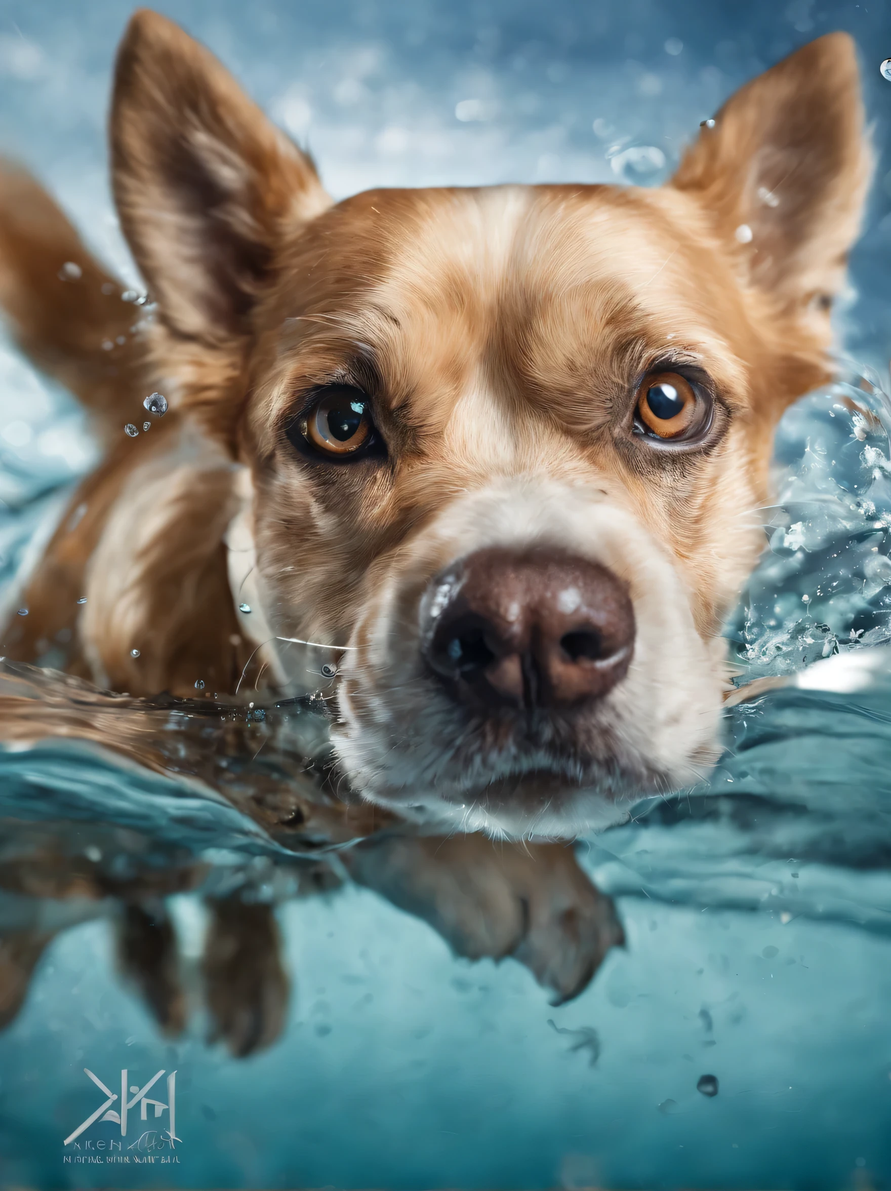there is a dog that is swimming in the water with goldfish, a picture by Micha Klein, shutterstock, photorealism, award - winning pet photography, canines sports photo, incredible depth, amazing depth, happy dog, under water swimming, a hyper realistic, having a good time, portrait shot, feature, realistic art, closeup portrait shot, stunning visual

