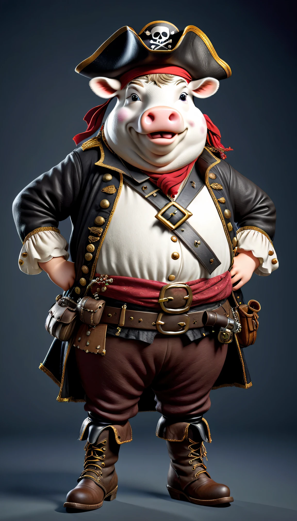 photorealistic portrait of Dressed animals - a ((fat)) cow pirate,(hands on hips:1.2),(), high quality,(lovely) ,intricate details, highly detailed (( pirate costume)), wearing pirate hat and boots , highly detailed pirate equipment , (happy), studio lighting,(flurry),(simple background)