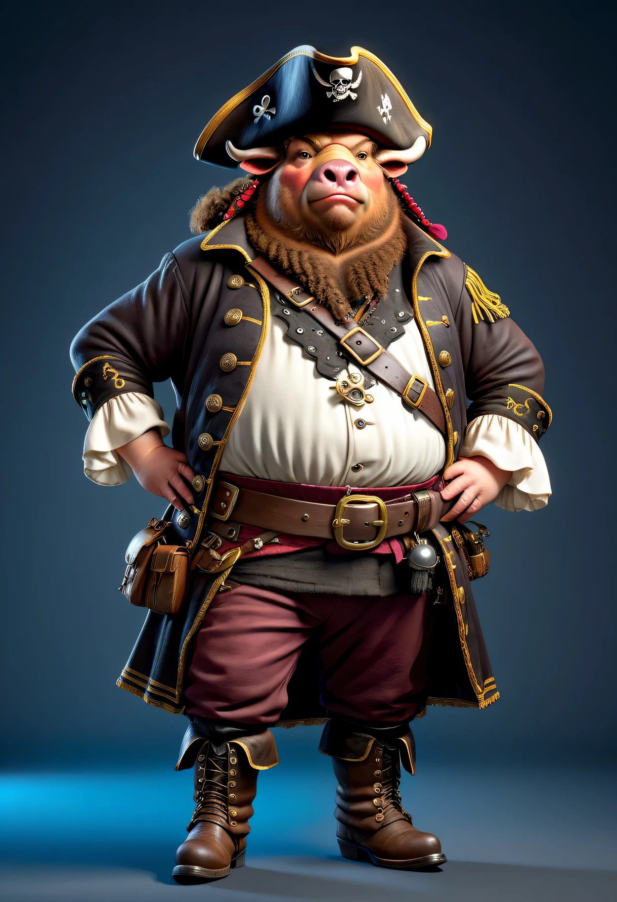 photorealistic portrait of Dressed animals - a ((fat)) bison pirate,(hands on hips:1.2),(), high quality,(lovely) ,intricate details, highly detailed (( pirate costume)), wearing pirate hat and boots , highly detailed pirate equipment , (happy), studio lighting,(flurry),(simple background)