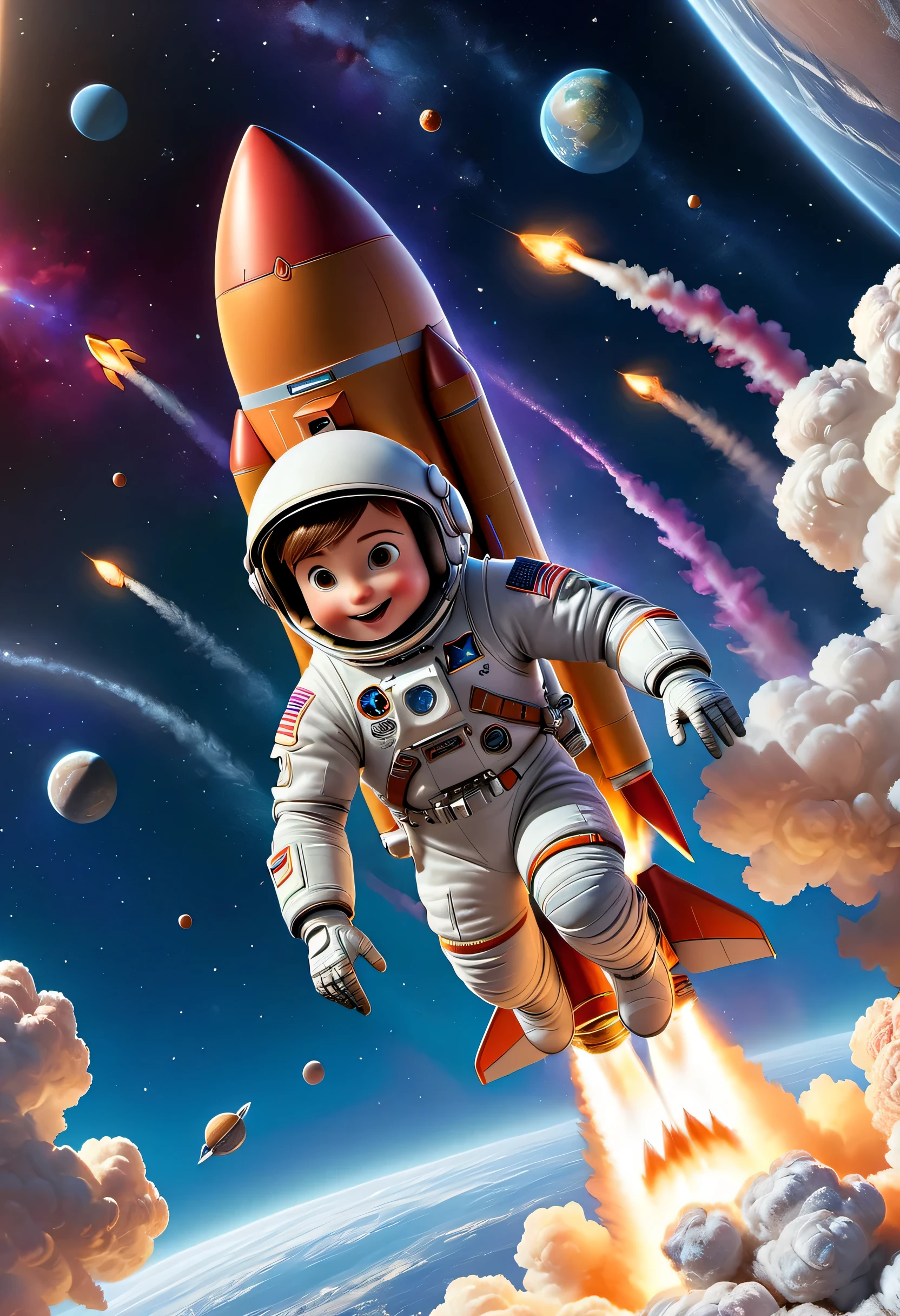 (masterpiece), (best quality), illustration, super detailed, high dynamic range, depth of field, (rich and colorful), ,rocket launching into the sky，space，astronaut，cartoon，comics，Pixar