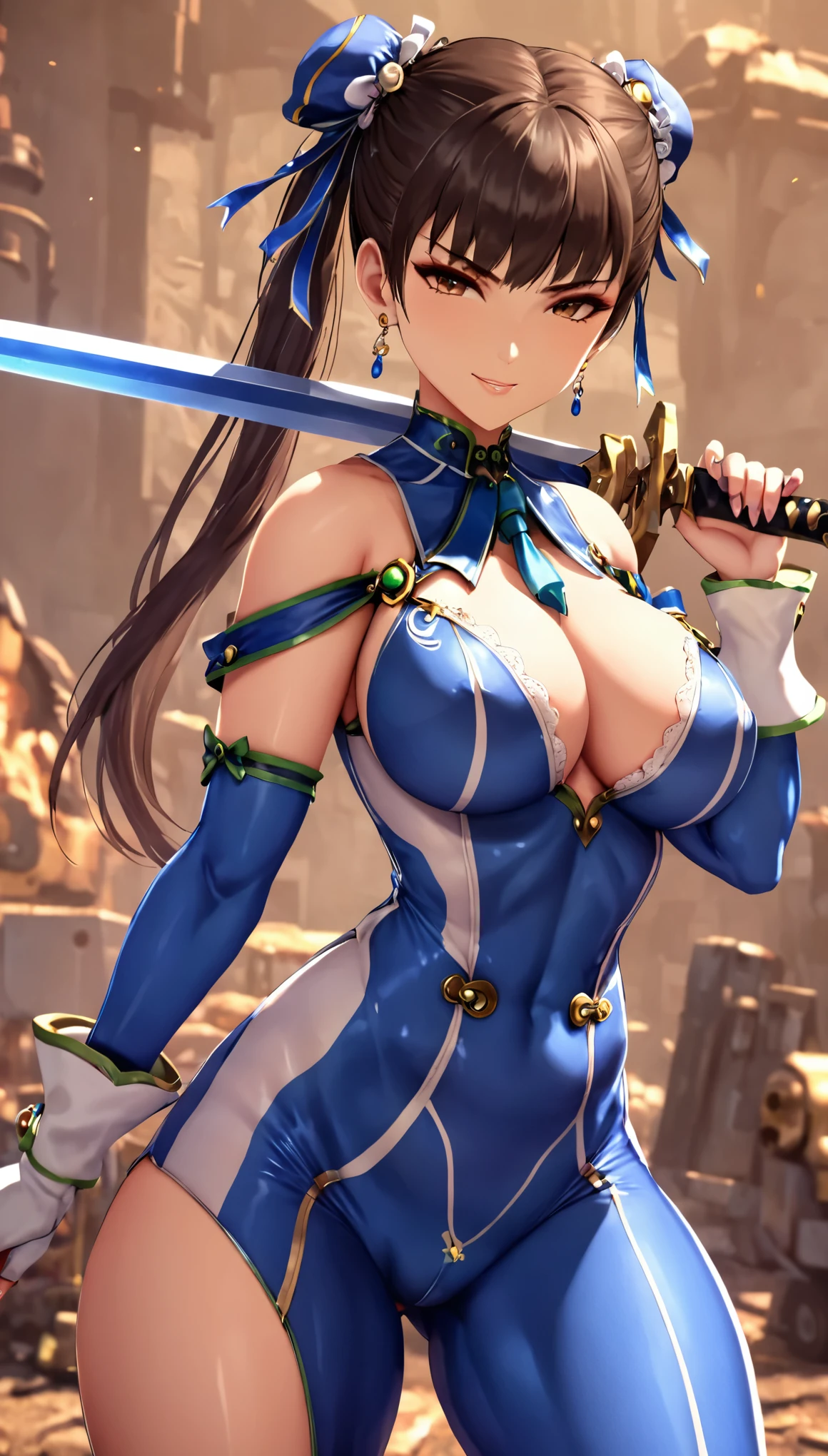 Eve wearing Chun Li's costume, Stellar Blade, large breast, thick thighs, curvy body,1girl,solo,heavy makeup,cute,earrings,ring braid,(lewd smile:1.1),holding mechanical sword,ponytail,idol,hooker, Chun Li's uniform,(battleground:1.1),