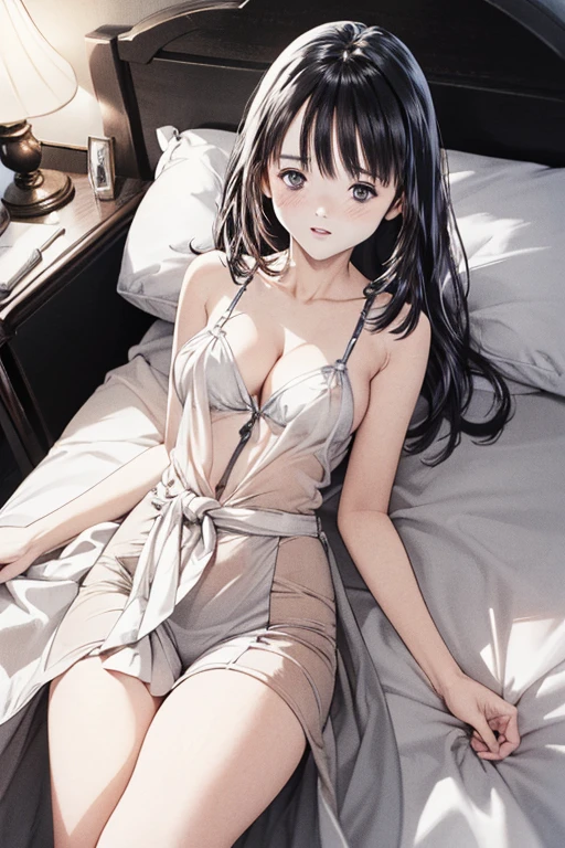 (8K、top-quality、​masterpiece:1.2)、(realisitic、ultra-detailliert、超A high resolution、1 girl and 1boy are kissing,beautifull detailed face,(lying on bed,on back),at night ,layered hair,long black hair,full-face blush、Constriction、(Slim waist) :1.3)、cleavage、Beautiful detailed skin、Skin Texture、Floating hair、Professional Lighting、in my bedroom,(Whole human body:1.0),long shot,white dress shirt, naked shirt,open shirts,large shirts,no panties,bottomless
,(see-through nipples:1.1),wearing random color