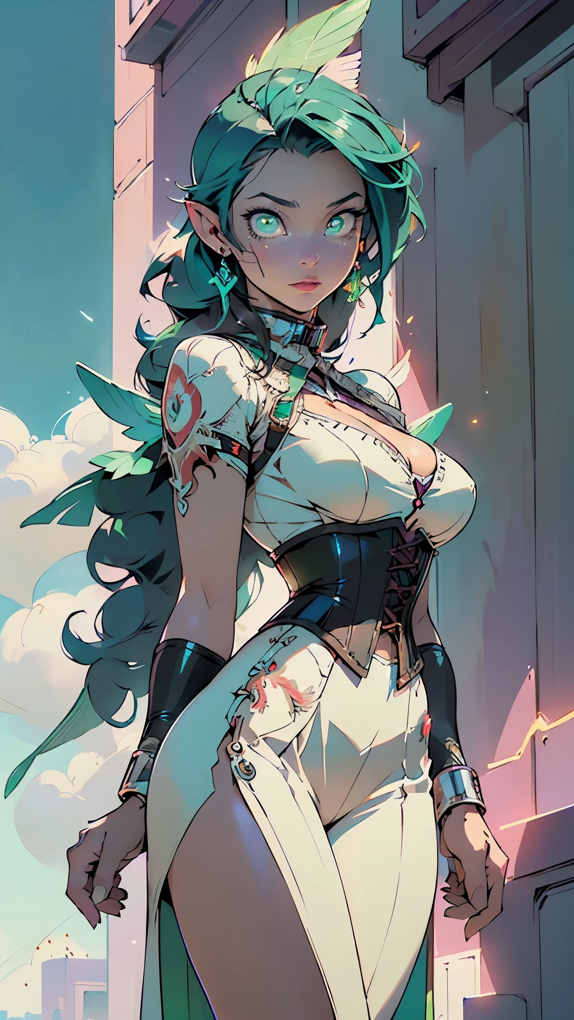 girl,1girl,(()),((fairy girl)),
(large breasts:1.4),((((neon hair:1.3,long hair,colorful hair:1.3,dynamic hair))),((emerald_eyes:1.5)),glowing eyes,intricate eyes,beautiful detailed eyes,symmetrical eyes,((fat)),(((lustrous skin:1.5,bright skin: 1.5,skin tanned,shiny skin,very shiny skin,shiny body,plastic glitter skin,exaggerated shiny skin,illuminated skin))),(spider lower abdomen,narrow waist,wide hip,athletic body,inflated legs,thick thighs,detailed body,(detailed face)),(angel wings,feathered wings,),(((Holy GUARDIAN ANGEL, large wings,feathers, has feather wings))),(((long decorative purple tribal wings,colorful wings, glowing feathers))),
cute,slutty,seductive,erotic,(nsfw),
((captivating)),((elegant and intense desire, slave collar, highly decorative corset, cleavage, slit skirt)), (((calligraphy art))),
(dynamic pose:1.0),happy,(centered,scale to fit dimensions,Rule of thirds),
((floating in the clouds, sky and clouds background)),scenery:1.25,((intricate scenery)),
(Glossy cyberpunk ornaments),highres,sharp focus,(ultra detailed,extremely detailed),(photorealistic artwork:1.37),(extremely detailed CG unity 8k wallpaper),(((vibrant colors,vibrant theme))),(intricate),(masterpiece),(best quality),artistic photography,(photography taken by sldr),(intricate background),perfect rendered face,perfect face details,realistic face,photo realistic,((intricate detail)),(((realism))),