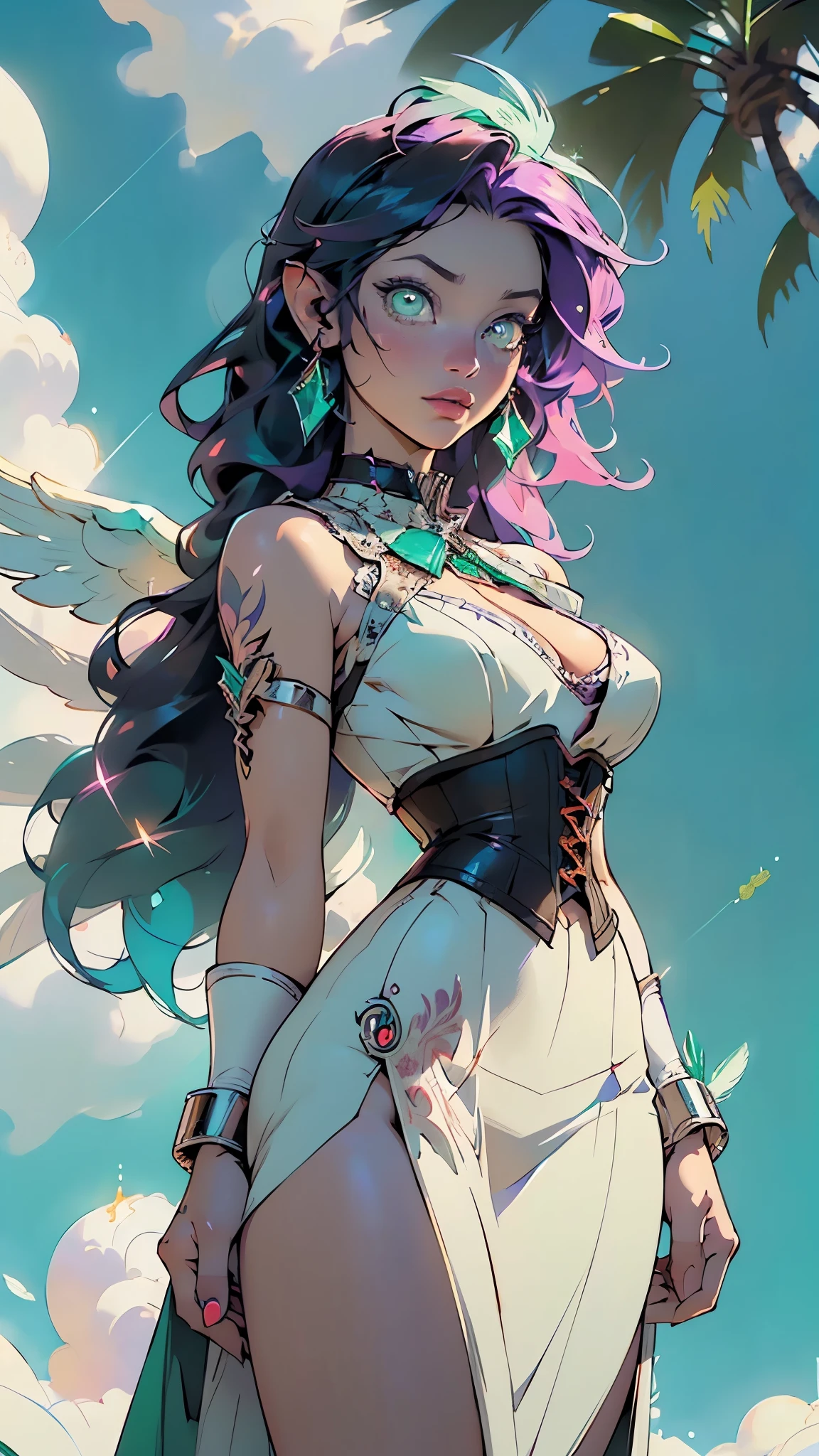 girl,1girl,((17 years old)),((fairy girl)),
(large breasts:1.4),((((neon hair:1.3,long hair,colorful hair:1.3,dynamic hair))),((emerald_eyes:1.5)),glowing eyes,intricate eyes,beautiful detailed eyes,symmetrical eyes,((fat)),(((lustrous skin:1.5,bright skin: 1.5,skin tanned,shiny skin,very shiny skin,shiny body,plastic glitter skin,exaggerated shiny skin,illuminated skin))),(spider lower abdomen,narrow waist,wide hip,athletic body,inflated legs,thick thighs,detailed body,(detailed face)),(angel wings,feathered wings,),(((Holy GUARDIAN ANGEL, large wings,feathers, has feather wings))),(((long decorative purple tribal wings,colorful wings, glowing feathers))),
cute,slutty,seductive,erotic,(nsfw),
((captivating)),((elegant and intense desire, slave collar, highly decorative corset, cleavage, slit skirt)), (((calligraphy art))),
(dynamic pose:1.0),happy,(centered,scale to fit dimensions,Rule of thirds),
((floating in the clouds, sky and clouds background)),scenery:1.25,((intricate scenery)),
(Glossy cyberpunk ornaments),highres,sharp focus,(ultra detailed,extremely detailed),(photorealistic artwork:1.37),(extremely detailed CG unity 8k wallpaper),(((vibrant colors,vibrant theme))),(intricate),(masterpiece),(best quality),artistic photography,(photography taken by sldr),(intricate background),perfect rendered face,perfect face details,realistic face,photo realistic,((intricate detail)),(((realism))),