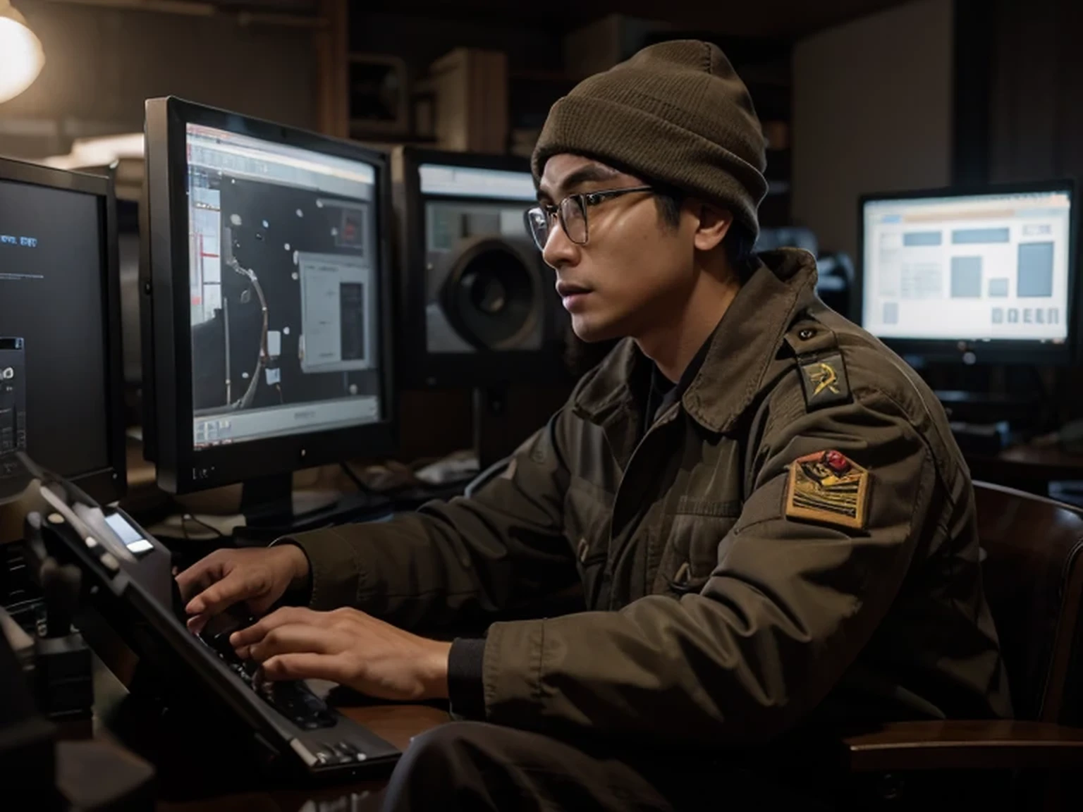 a Chinese military hacker sitting next to a laptop, wearing beige Soviet style uniform, face of a young Chinese male, thick frame glasses, black wool beanie, many advanced computers, Chinese symbols, he is in a dark military bunker, computer screens , Chinese propaganda, 4k, Ultra detailed image, realistic, Highly detailed, perfect composition, splendid, Intricately detailed, Incredibly detailed, 8 k artistic photography, hyper detailed, Masterpiece, Ultra detailed, Hyperrealistic, 4k, Ultra detailed image, realistic, Highly detailed, perfect composition, splendid, Intricately detailed, Incredibly detailed, 8K fine art photography, hyper detailed, Masterpiece