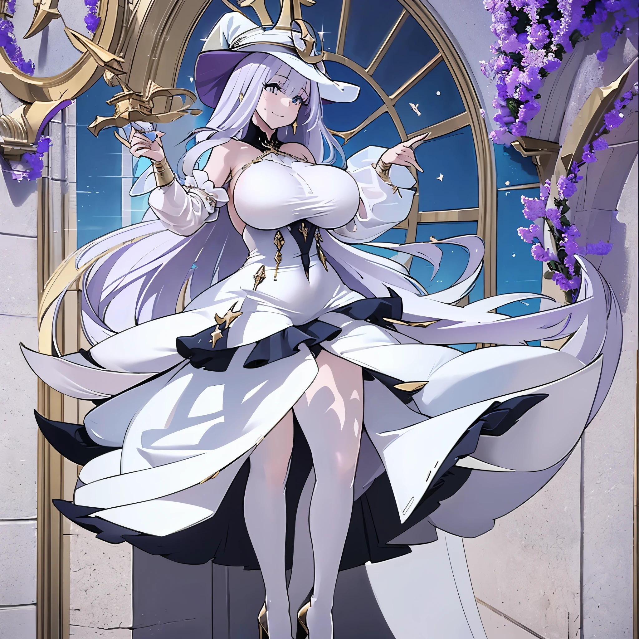 A woman wearing a sophisticated white dress with gold details, long weak lilac hair, white witch's hat, weak lilac eyes, smiling, big breasts, wearing heels, full body, at a high point in the city of Paris overlooking the Eiffel Tower,HDR, masterpiece, well defined, ultra resolution, high quality, 8k HD. (just a woman, solo)
