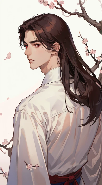 masterpiece, best quality, realistic, 1man, male focus, male model, tall muscular, handsome, closed mouth, simple clothes, portrait,extremely detailed face, long dark hair, flying bangs, red eyes, white background, simple background, SIDE VIEW, looking at the viewers, view from the back, cherry blossom, MALE ONLY, MALE