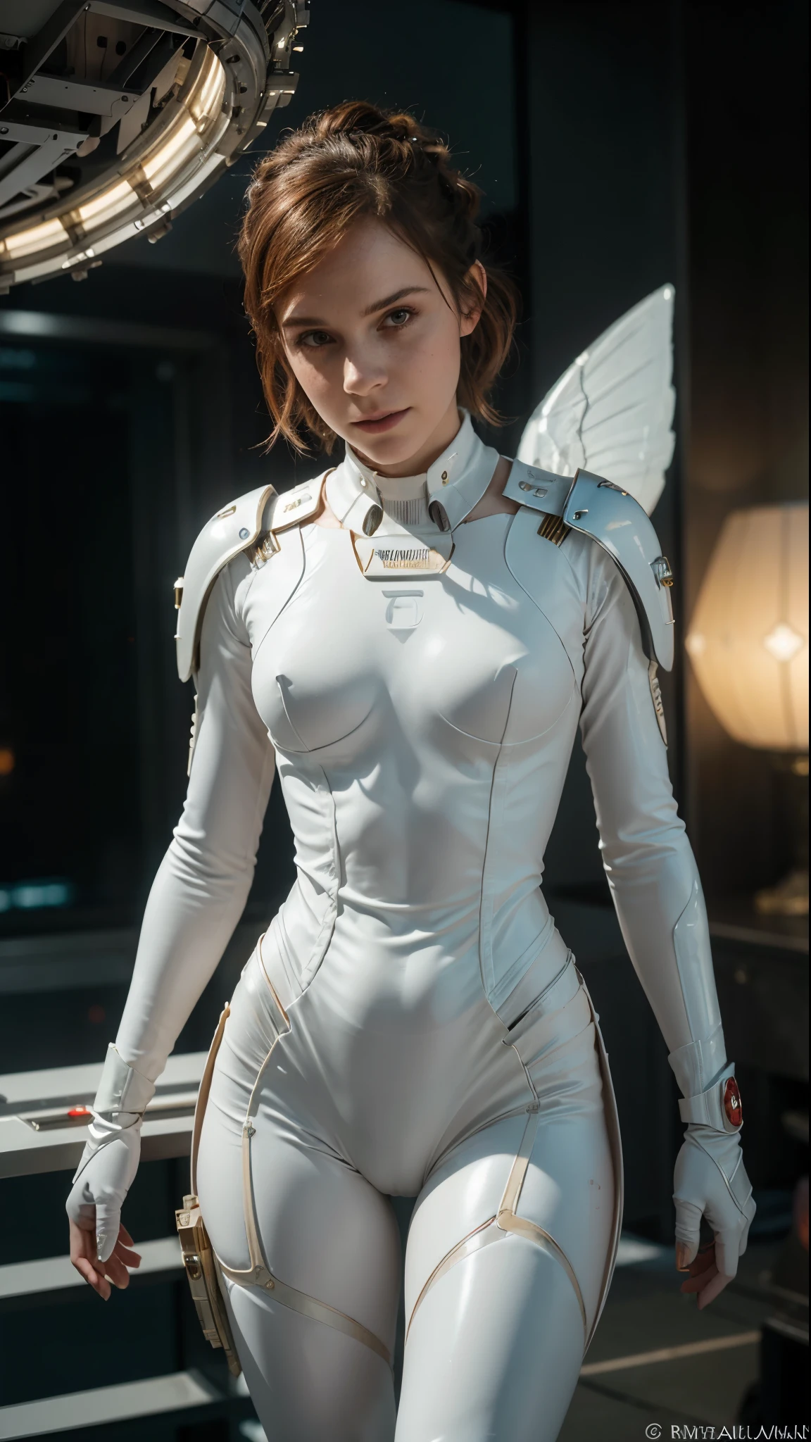 (realisti:1.5), (photo-realistic:1.2), Detailed, Rendering, Epic, biomechanical Emma Watson, cosplay on Nebula, shelmet, white plastic, Ambient lighting, dynamic pose, intricated, elegant, (Dynamic background), Detailed, elegant, Sharp focus, photo by Greg Rutkowski, soft-lighting, bright colors, IvoryGoldAI (Battlefieldds:1.2)