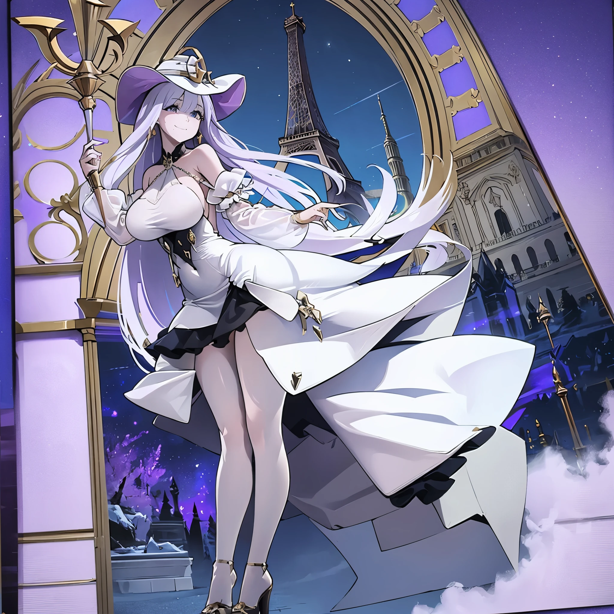 A woman wearing a sophisticated white dress with gold details, long weak lilac hair, white witch's hat, weak lilac eyes, smiling, big breasts, wearing heels, full body, at a high point in the city of Paris overlooking the Eiffel Tower,HDR, masterpiece, well defined, ultra resolution, high quality, 8k HD. (just a woman, solo)
