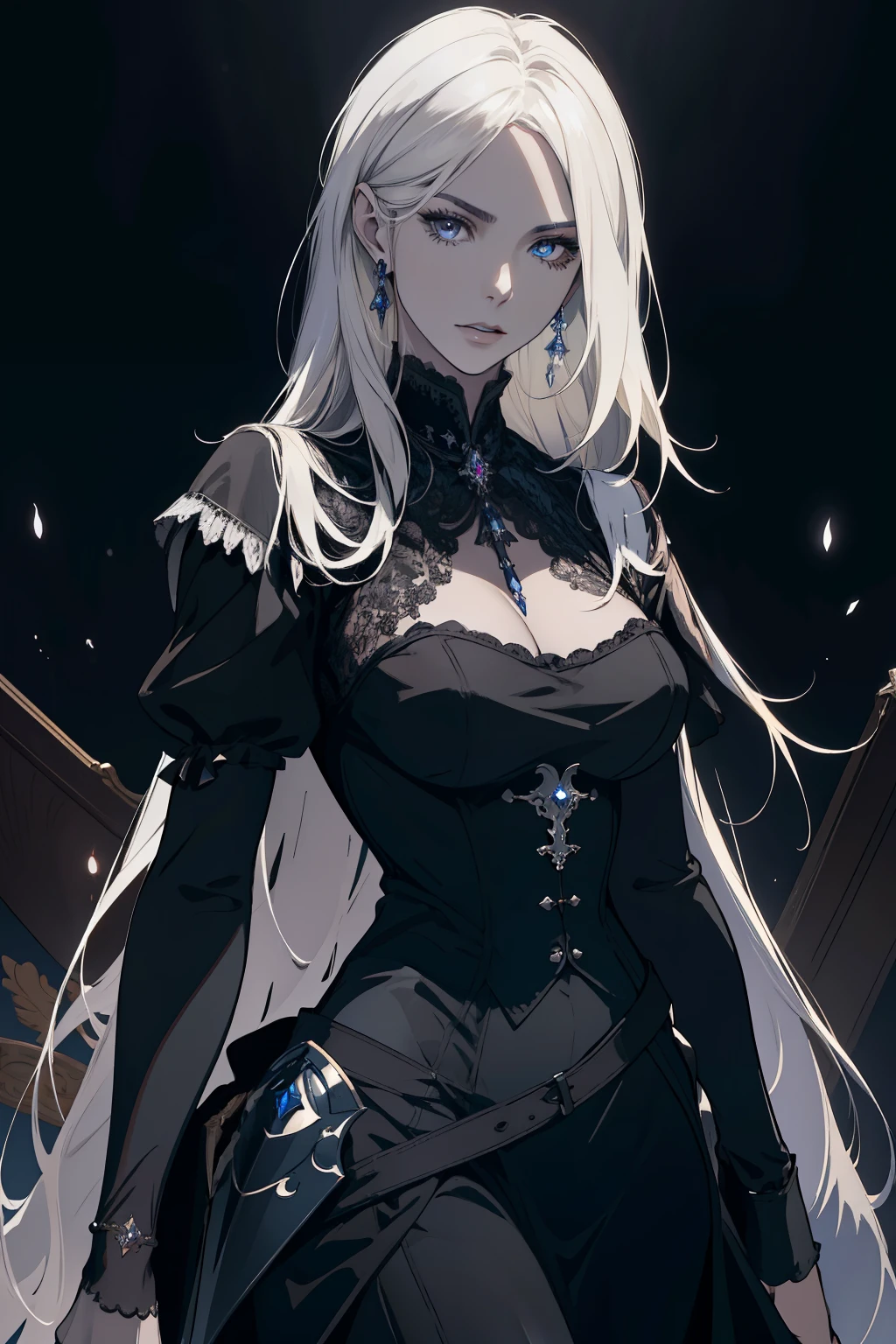 masterpiece, (absurdres:1.1), best quality, extremely delicate, (beautiful face:1.1), elegant, (great composition), bags under eyes, (dark:1.1), arafed image of a woman black dress formal portrait of female inspired by Li Chevalier, portrait knight female, gorgeous female paladin, Victorian era black dress formal girl, crisp clear rpg portrait, female paladin, highly detailed exquisite fanart, female black dress funerals , elisha cuthbert as a d&d paladin, dressed in black blonde blue eye long length hair