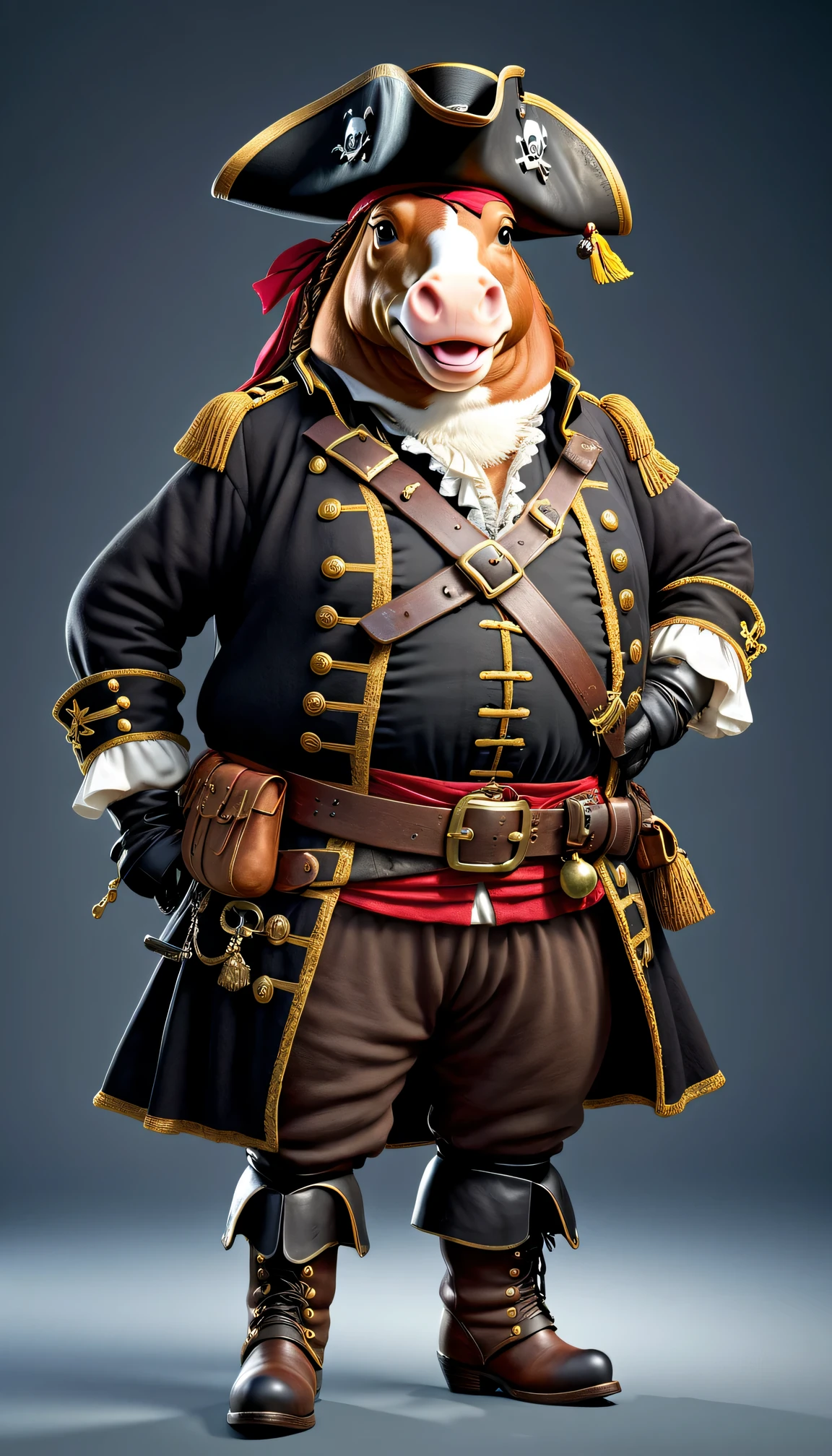 photorealistic portrait of Dressed animals - a ((fat)) horse pirate,(hands on hips:1.2),(), high quality,(lovely) ,intricate details, highly detailed (( pirate costume)), wearing pirate hat and boots , highly detailed pirate equipment , (happy), studio lighting,(flurry),(simple background)
