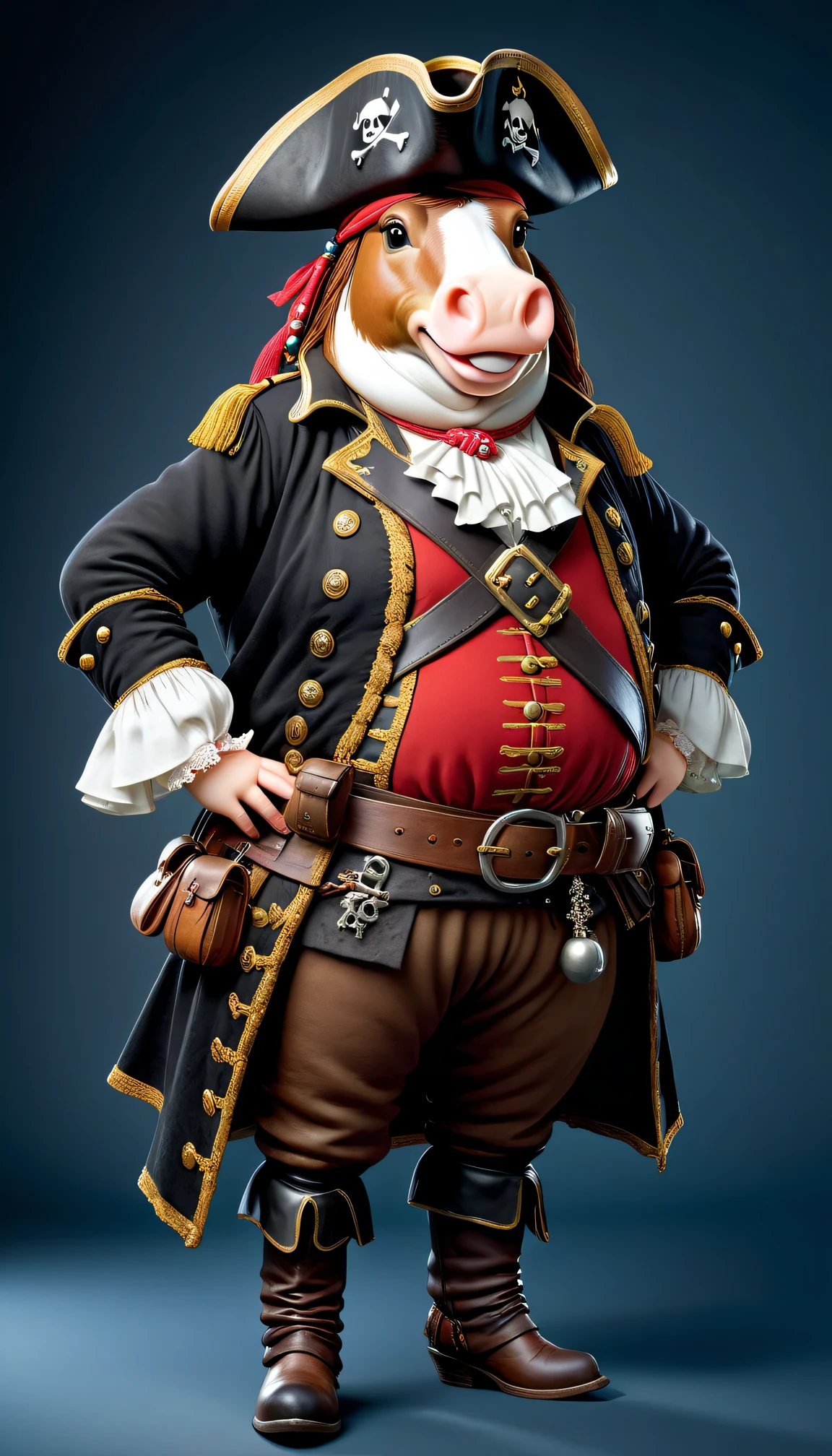 photorealistic portrait of Dressed animals - a ((fat)) horse pirate,(hands on hips:1.2),(), high quality,(lovely) ,intricate details, highly detailed (( pirate costume)), wearing pirate hat and boots , highly detailed pirate equipment , (happy), studio lighting,(flurry),(simple background)
