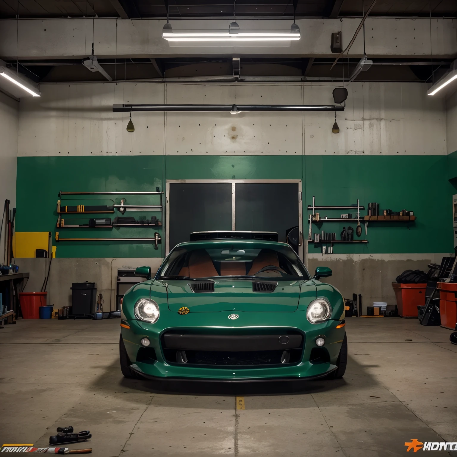 Create a complete auto mechanic shop that also includes bodywork and car modifications and adaptations. The achievement you will give to the workshop will say Tactical By Mongo. Los colores con que quiero que hagas el taller es el verde lima y el color negro
