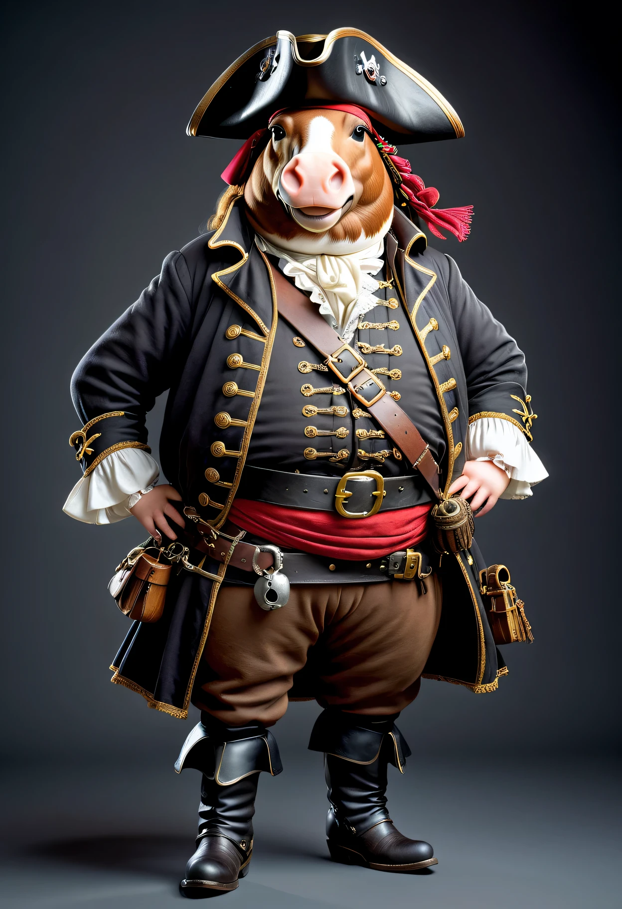 photorealistic portrait of Dressed animals - a ((fat)) horse pirate,(hands on hips:1.2),(), high quality,(lovely) ,intricate details, highly detailed (( pirate costume)), wearing pirate hat and boots , highly detailed pirate equipment , (happy), studio lighting,(flurry),(simple background)