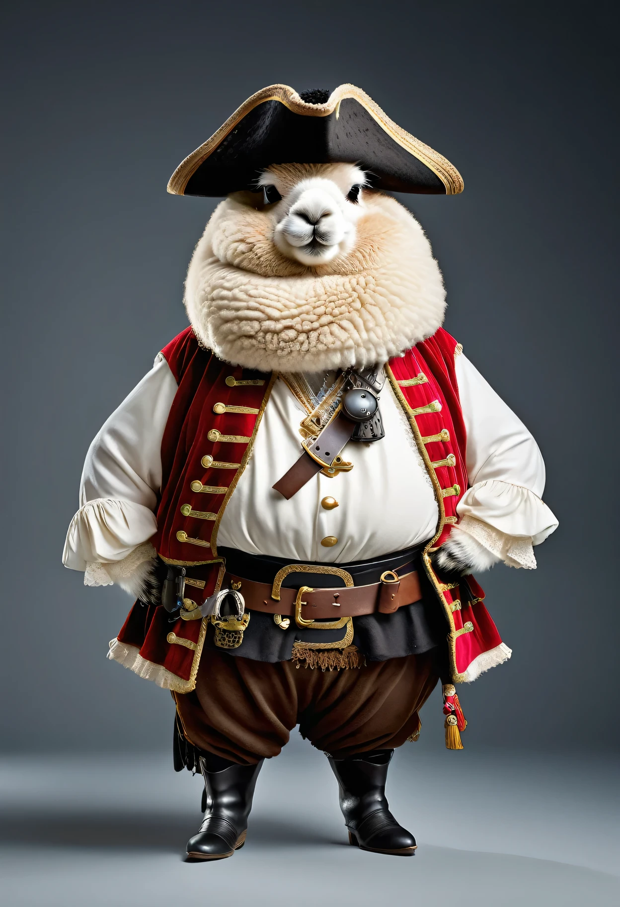 photorealistic portrait of Dressed animals - a ((fat)) alpaca pirate,(hands on hips:1.2),(), high quality,(lovely) ,intricate details, highly detailed (( pirate costume)), wearing pirate hat and boots , highly detailed pirate equipment , (happy), studio lighting,(flurry),(simple background)
