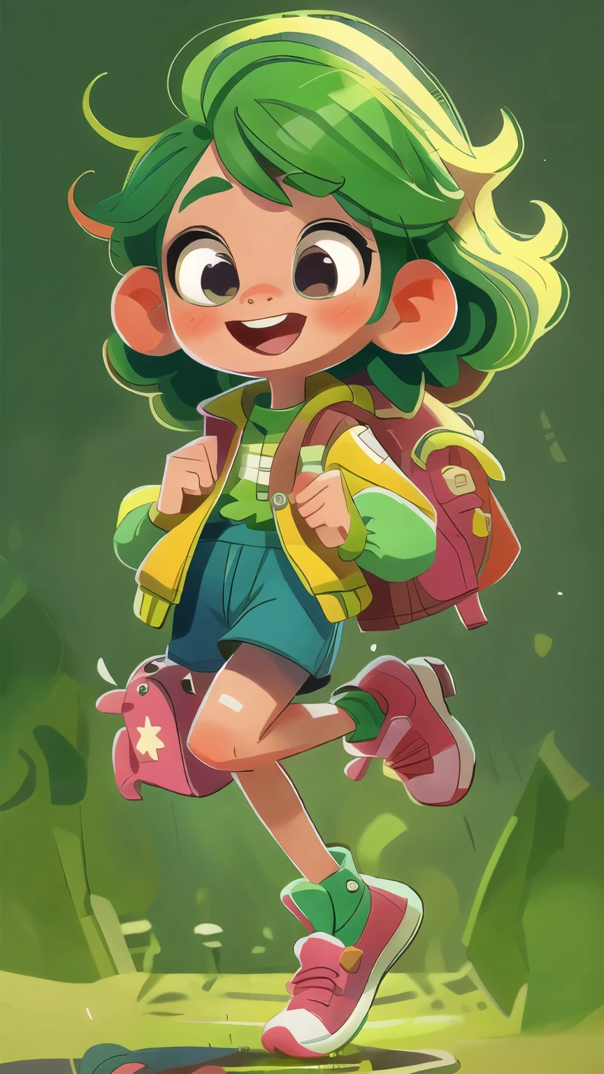 Give me a girl traveling with a backpack,Camera in hand,Jumping pose,Casual Clothing,happy,green background,8K quality,detailed skin: 1.3,realistic: 1.2