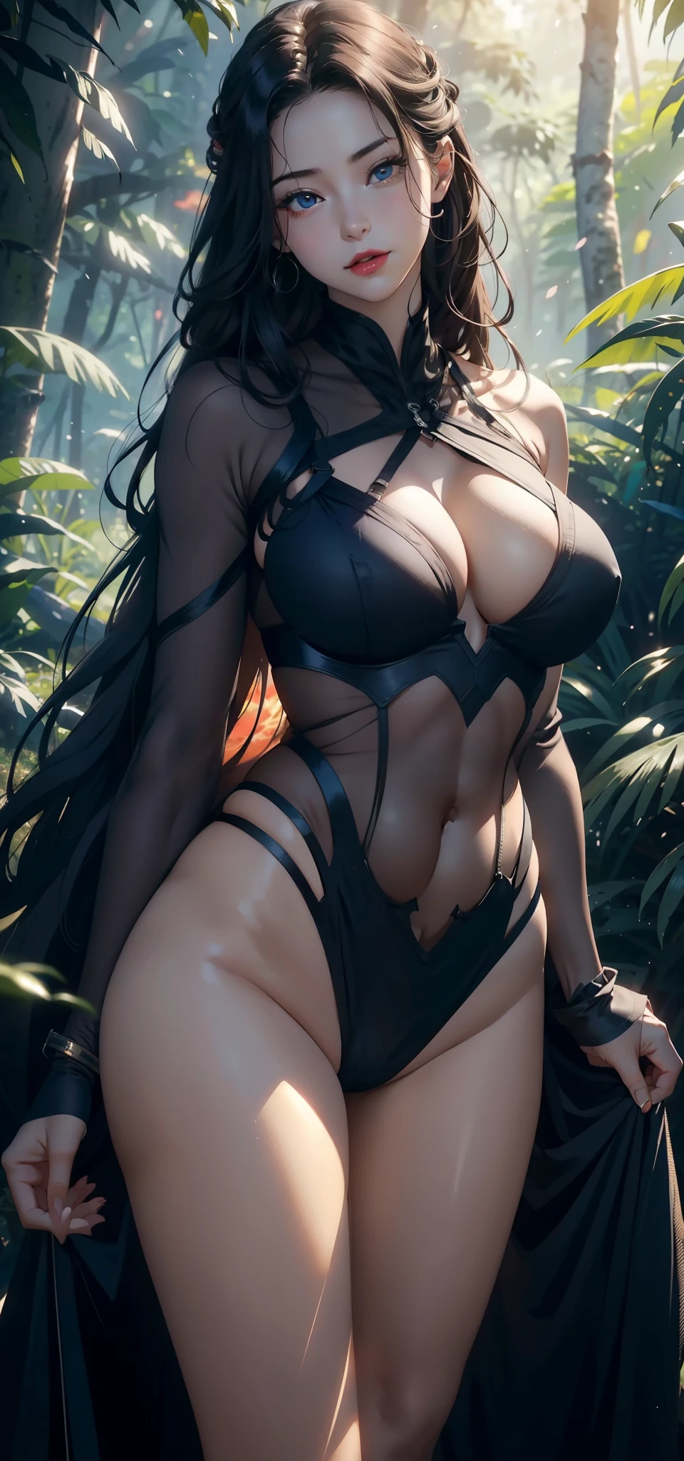 1 female,45 years old,married woman,,big g leges,Big breasts and, 照片曝Light, alone,(background with:in the woods,rainforest,In the summer) 她有长long黑发,red lips,Stand deep in the woods,View from the front, straight hair,long, flowing hair, The sky is mostly cloudy,(((masterpiece),(Very detailed CG unified 8k wallpaper),best quality,Light,Detailed background,beautiful eyes,bright pupils,(Very delicate and beautiful),(Beautiful and detailed eye descriptions),super detailed,masterpiece,)),face camera,High resolution,super detailed),nude,The exposed breasts a bit fat, camel tr:Dark blue sexy shortsent,nude,captain america)