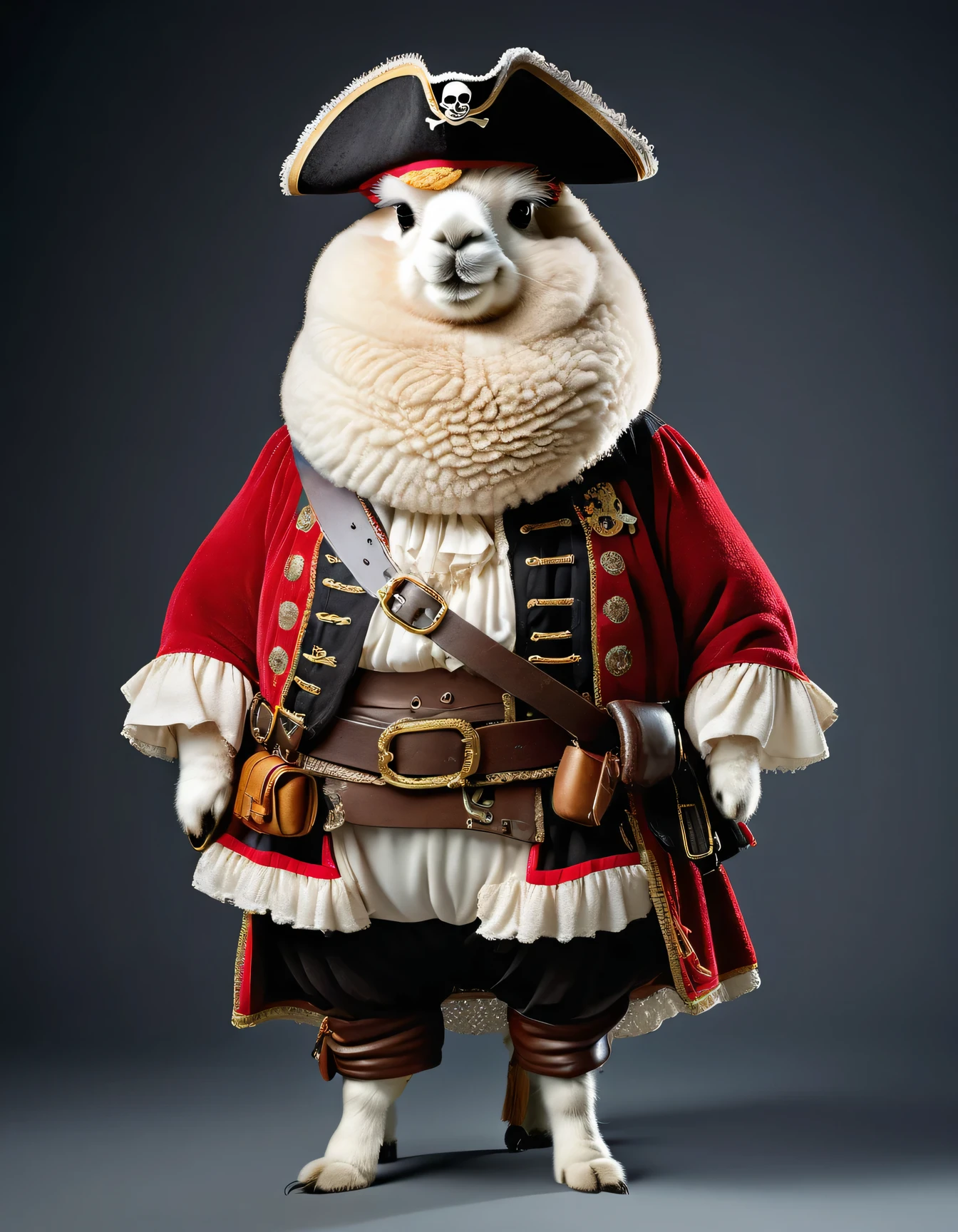 photorealistic portrait of Dressed animals - a ((fat)) alpaca pirate,(hands on hips:1.2),(), high quality,(lovely) ,intricate details, highly detailed (( pirate costume)), wearing pirate hat and boots , highly detailed pirate equipment , (happy), studio lighting,(flurry),(simple background)