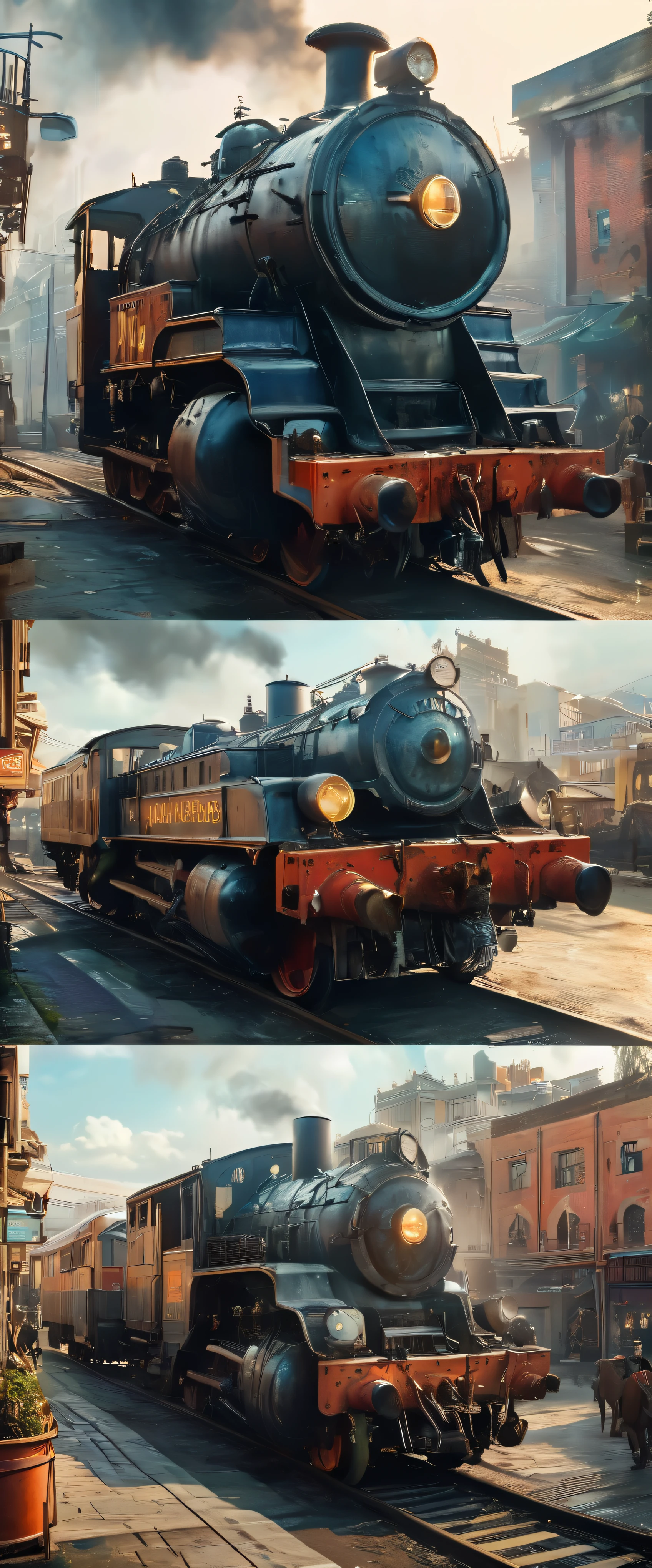 In the heart of a dieselpunk city where steam locomotives and vintage cars dominate the landscape、Masterpiece illustrations come to life。The scene is set against an 8K HDR wallpaper.、Atmospheric volumetric fog casts a soft, complex glow on every surface。The highest quality cinematic lighting illuminates the city with a warm and sharp focus、Highlights every intricate detail。 At the center of this grand spectacle、A magnificent diesel engine comes back to life、Gears and pistons work in perfect harmony。Complex machines are、Covered in a thin layer of dirt and soot、This adds to its uniqueness.