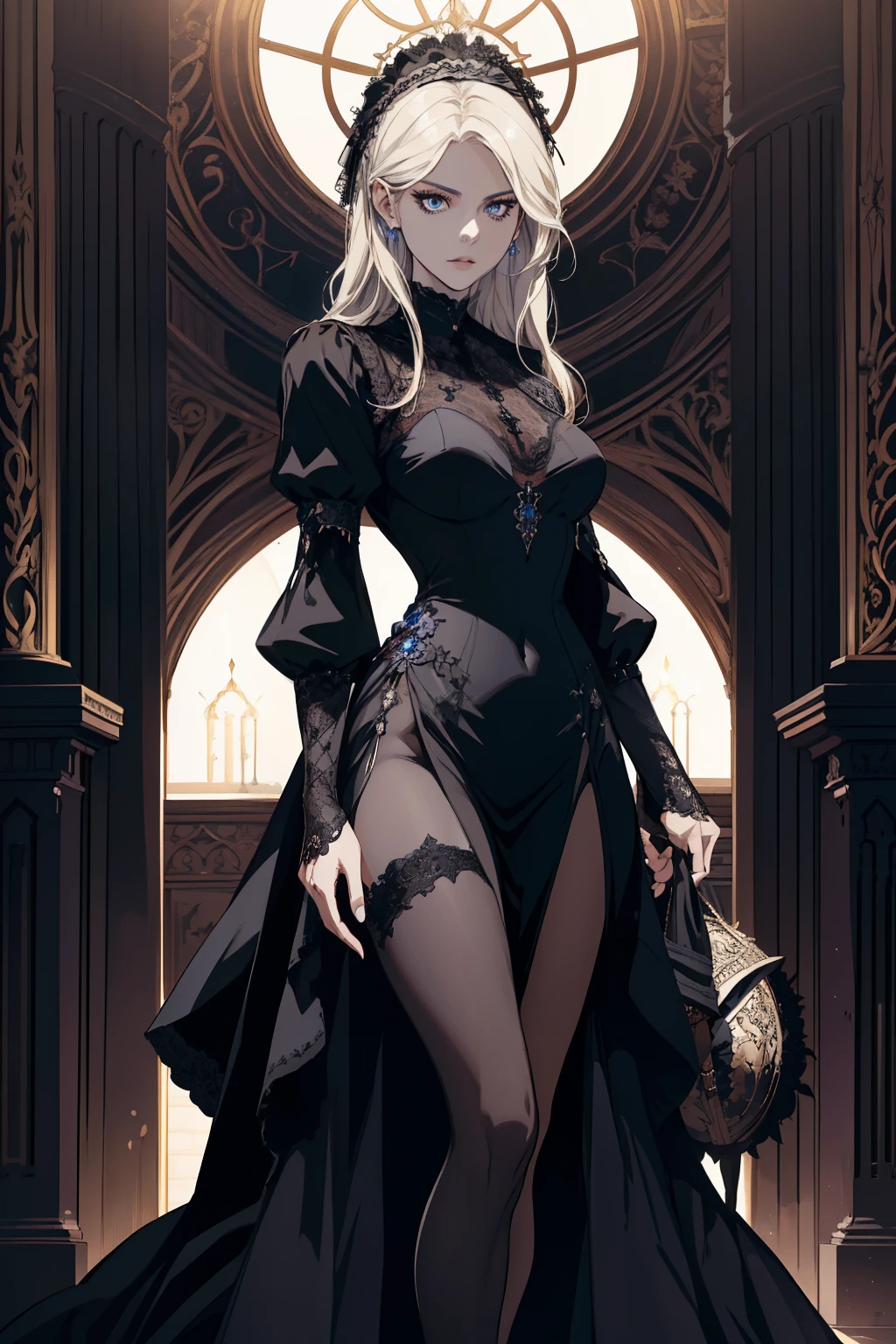 masterpiece, (absurdres:1.1), best quality, extremely delicate, (beautiful face:1.1), elegant, (great composition), bags under eyes, (dark:1.1), arafed image of a woman black dress formal portrait of female inspired by Li Chevalier, portrait knight female, gorgeous female paladin, Victorian era black dress formal girl, crisp clear rpg portrait, female paladin, highly detailed exquisite fanart, female black dress funerals , elisha cuthbert as a d&d paladin, dressed in black blonde blue eye long length hair