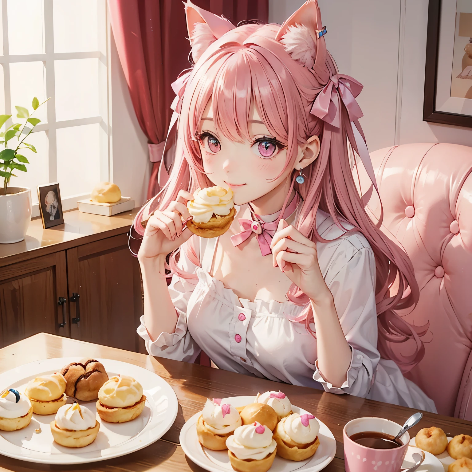 Cat with pink ribbon、Hair Pink、pink eyes、smile、Eat one large cream puff、yellow choker、blue earrings